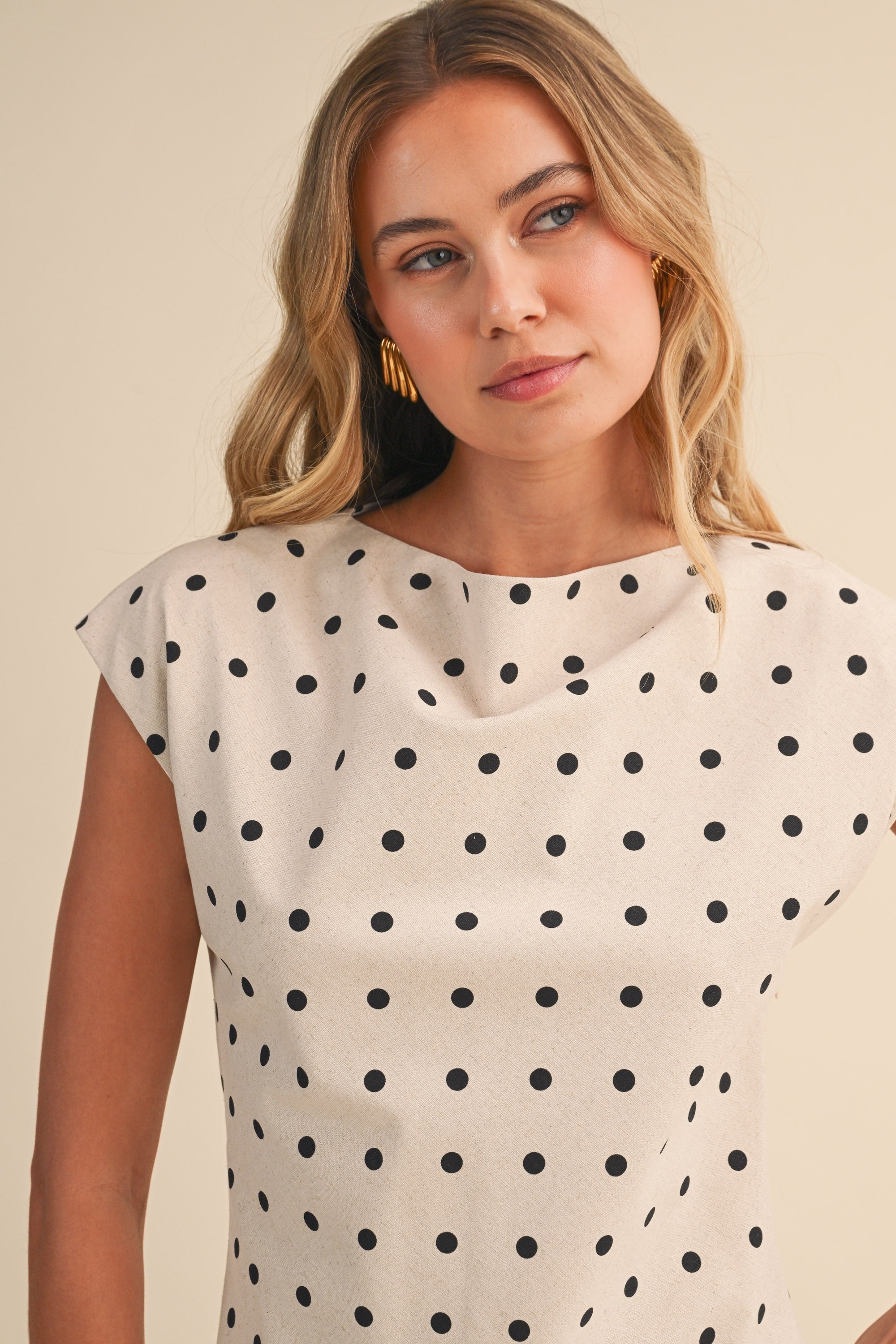 Polkadot Linen Cowl Mockneck A Line Mini Dress