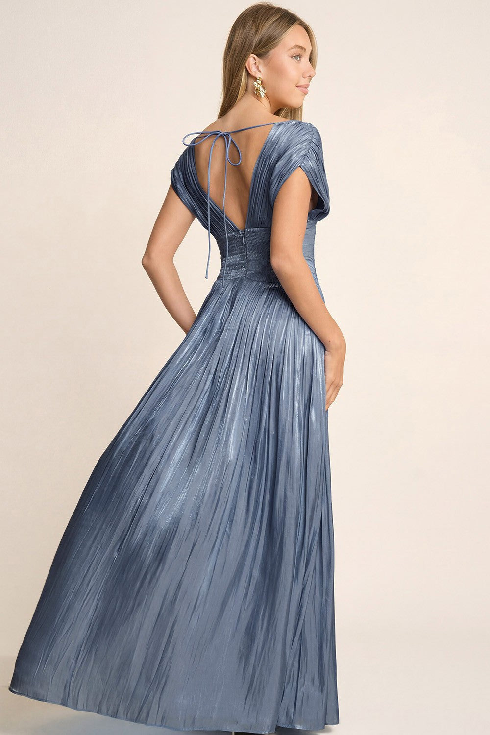 V- Neckline With Cap Sleeves Maxi Dress