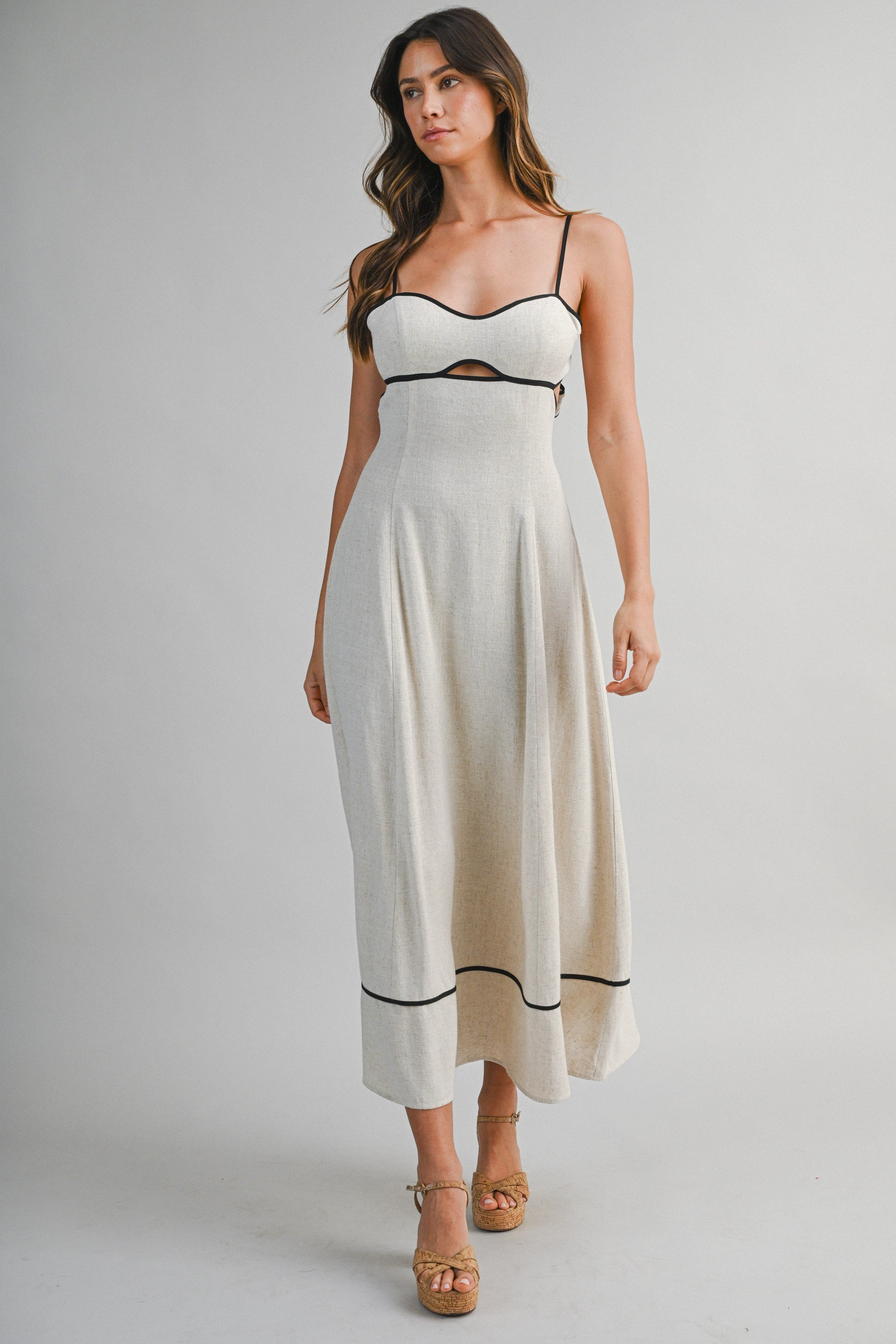 Mix Linen Adjustable Spaghetti Strap Bust Panel Midi Dress