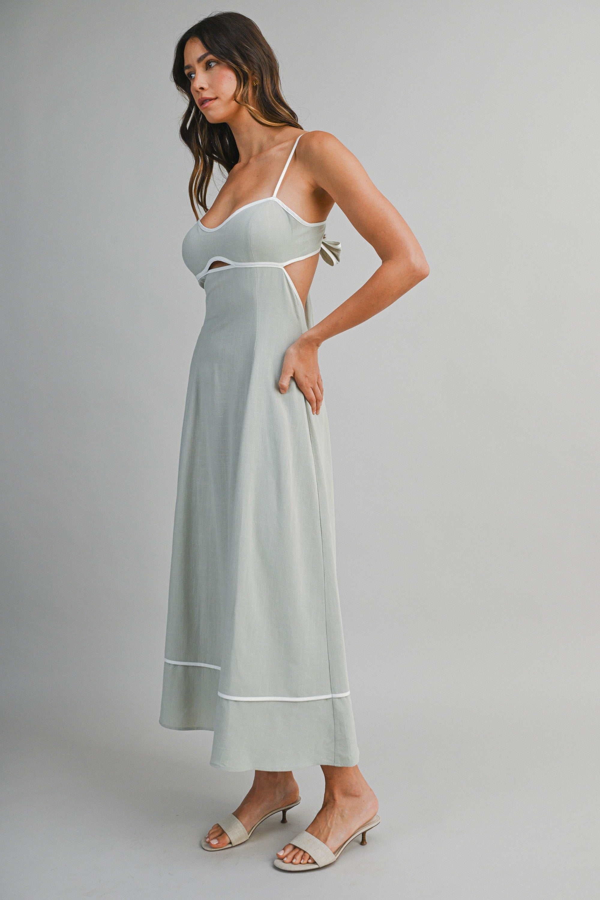 Mix Linen Adjustable Spaghetti Strap Bust Panel Midi Dress