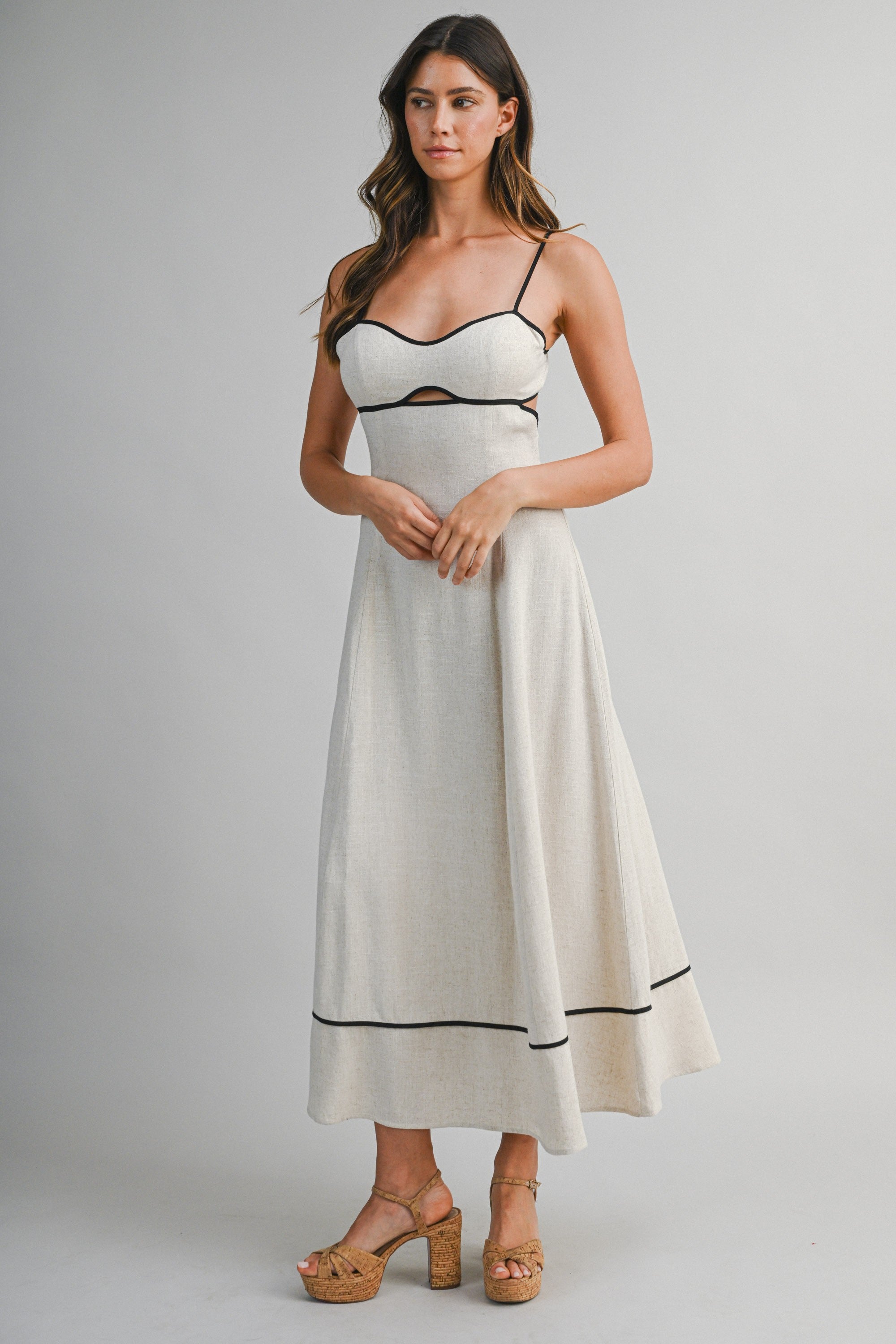 Mix Linen Adjustable Spaghetti Strap Bust Panel Midi Dress