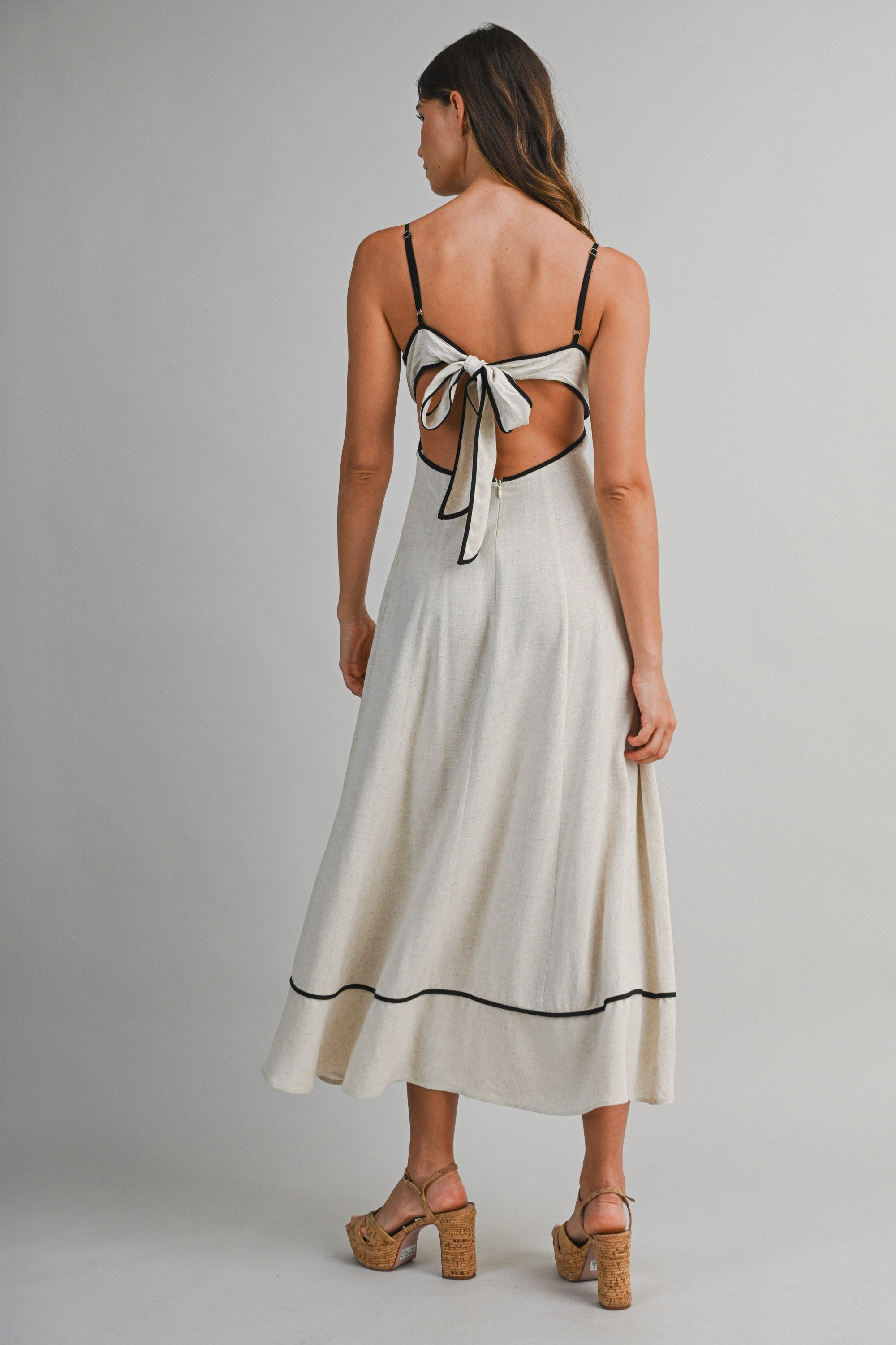 Mix Linen Adjustable Spaghetti Strap Bust Panel Midi Dress