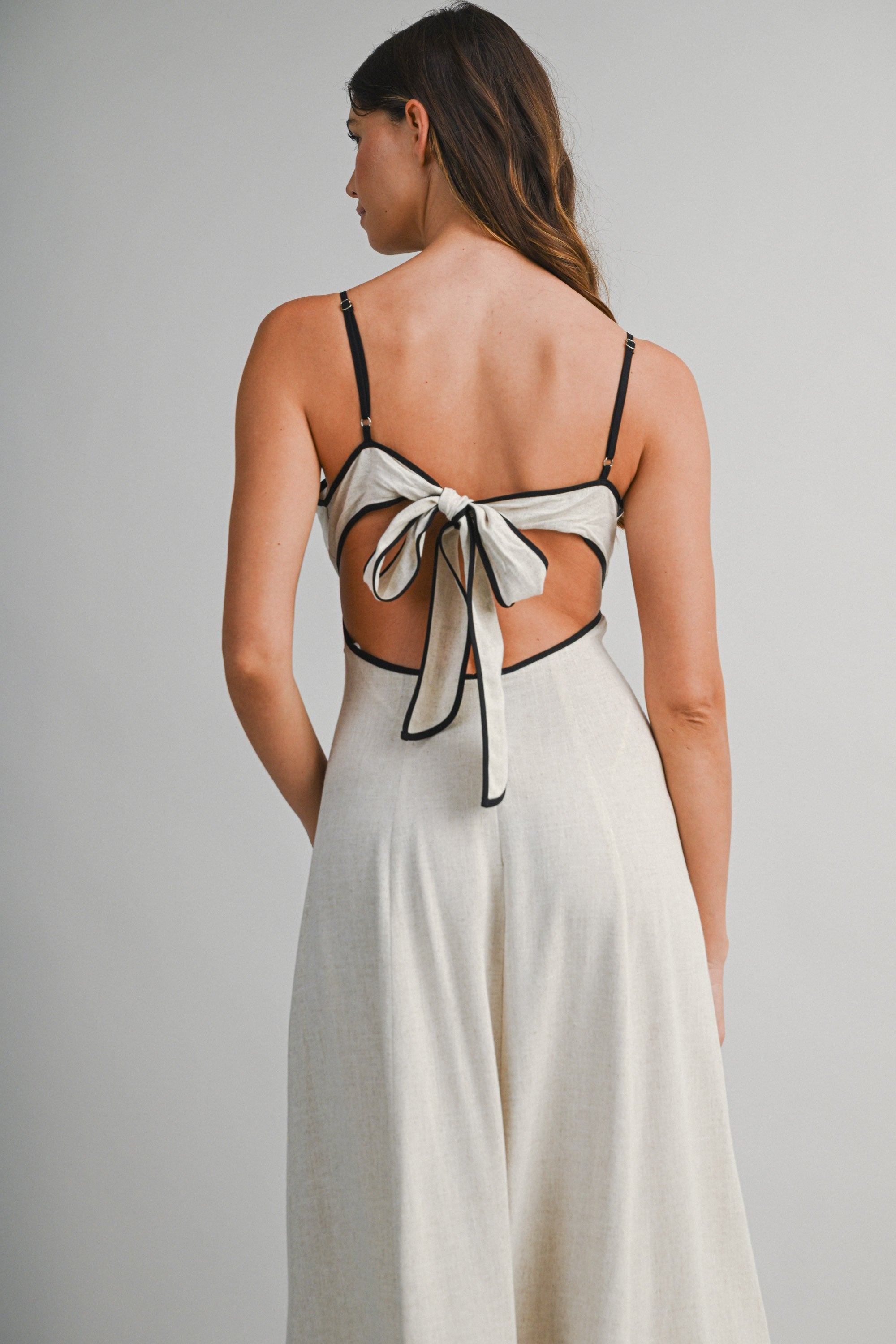Mix Linen Adjustable Spaghetti Strap Bust Panel Midi Dress