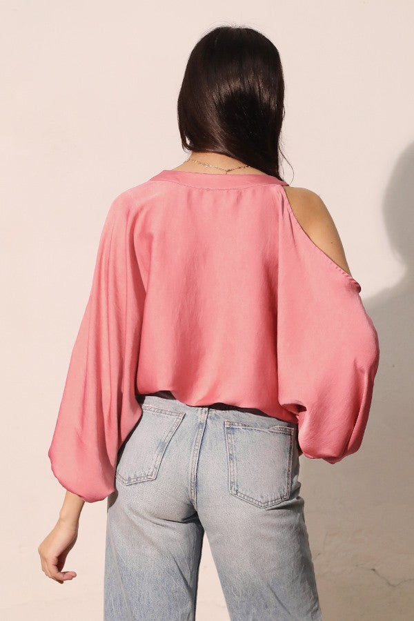 Washed Poly Silk One Open Shoulder Top