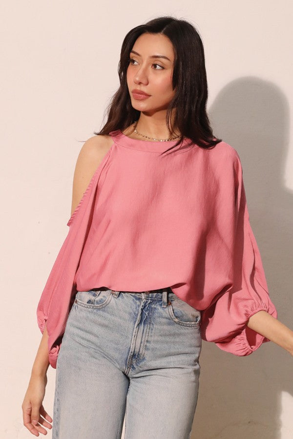 Washed Poly Silk One Open Shoulder Top