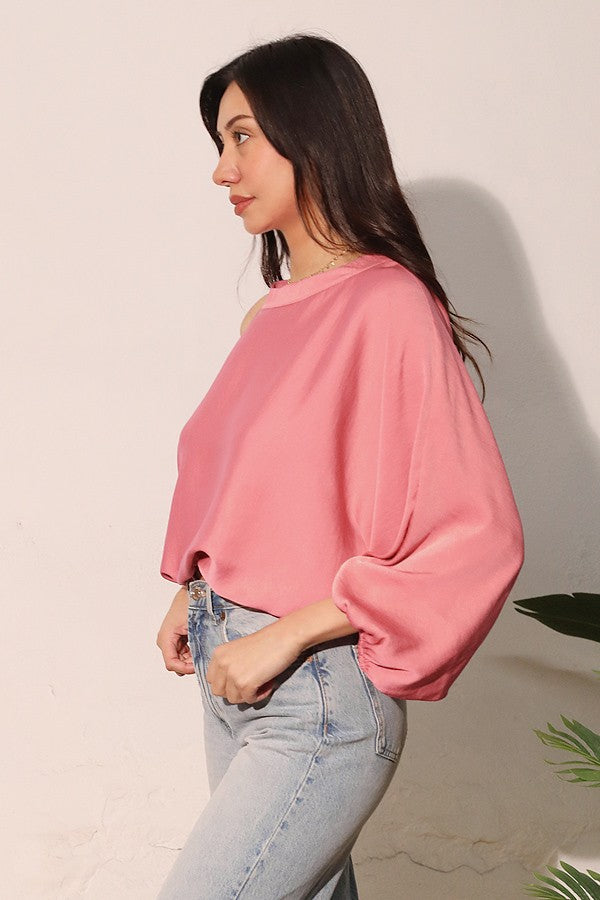 Washed Poly Silk One Open Shoulder Top