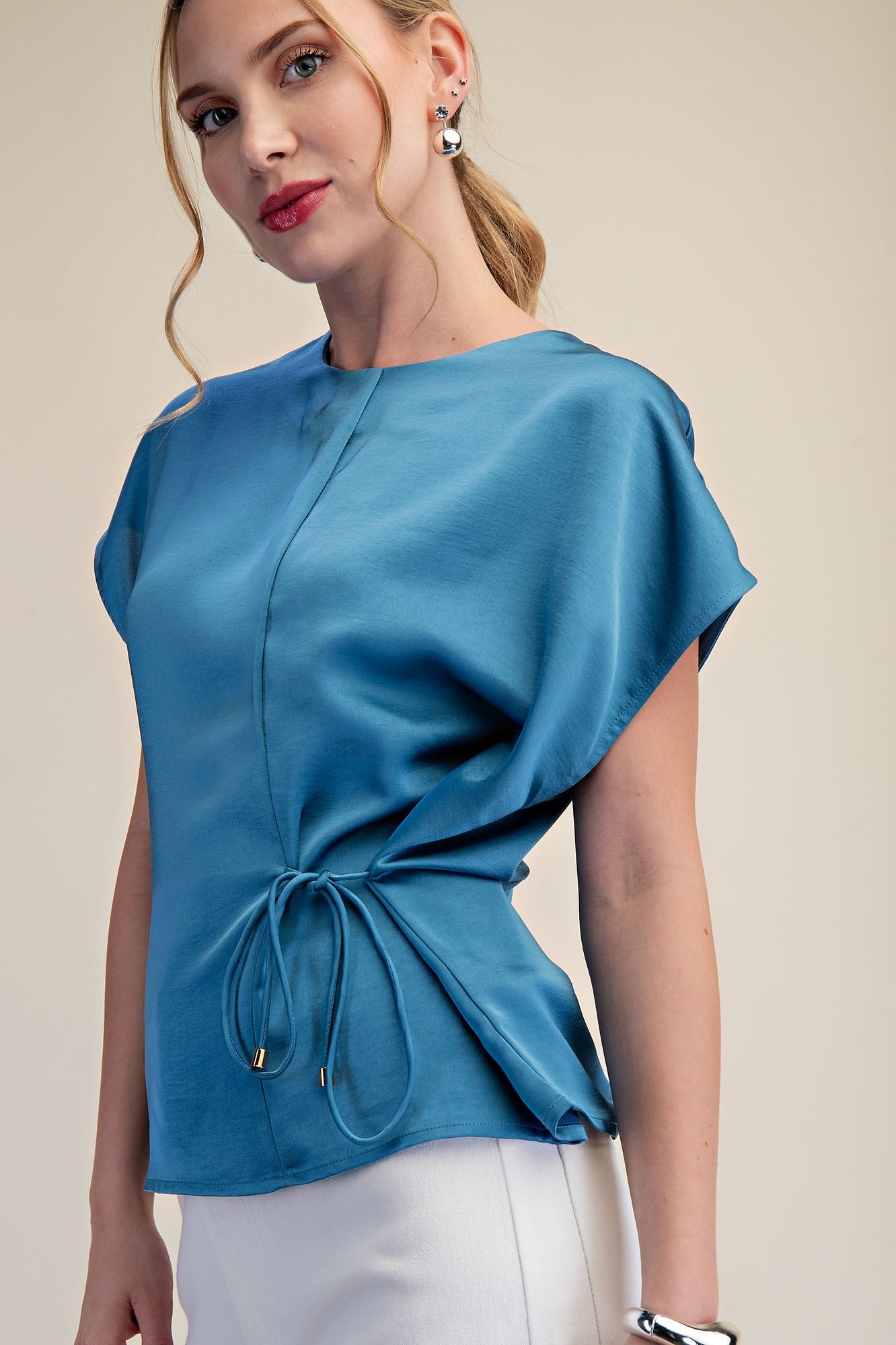 Round Neck Short Sleeve Front Lace-up Tie Top