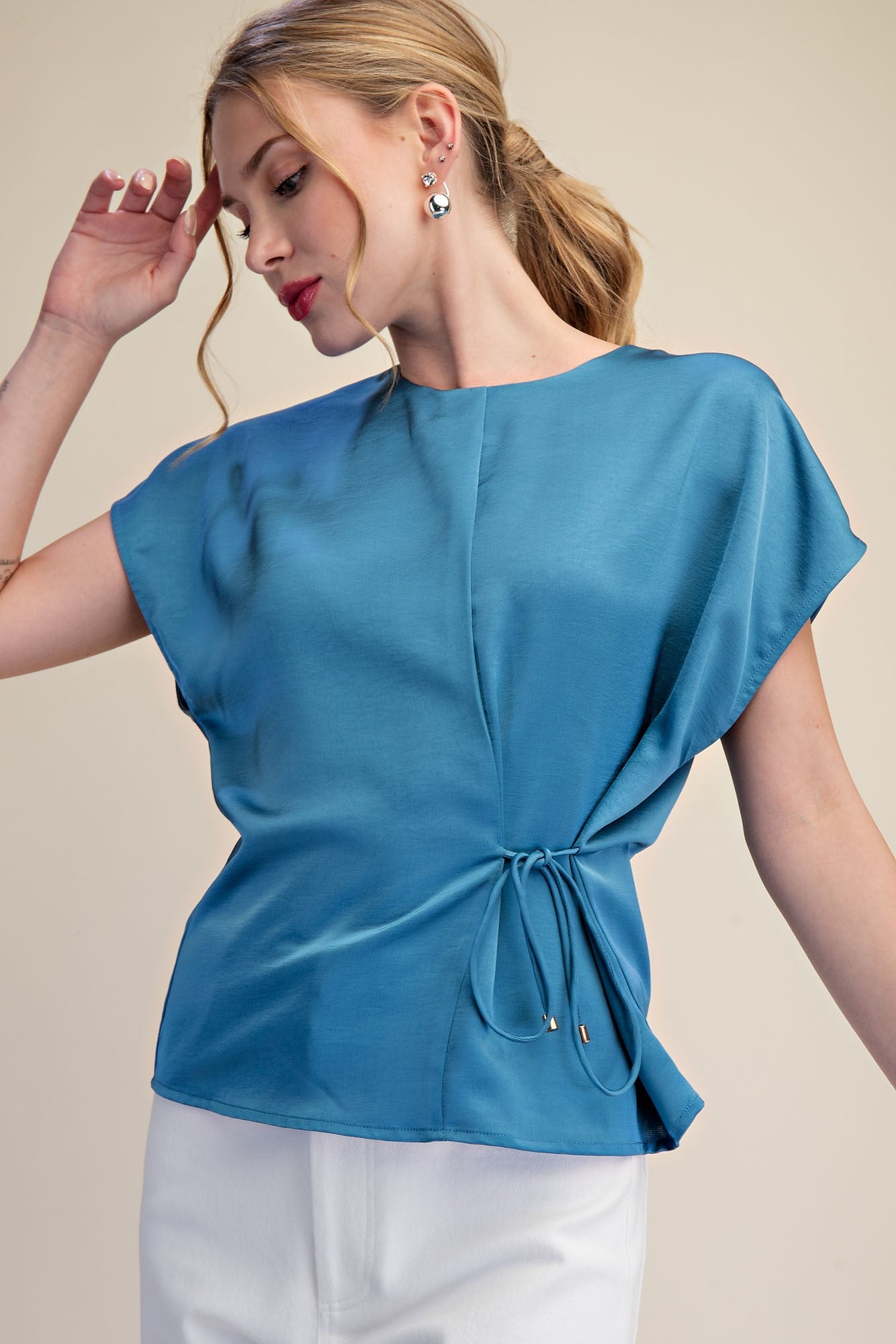 Round Neck Short Sleeve Front Lace-up Tie Top