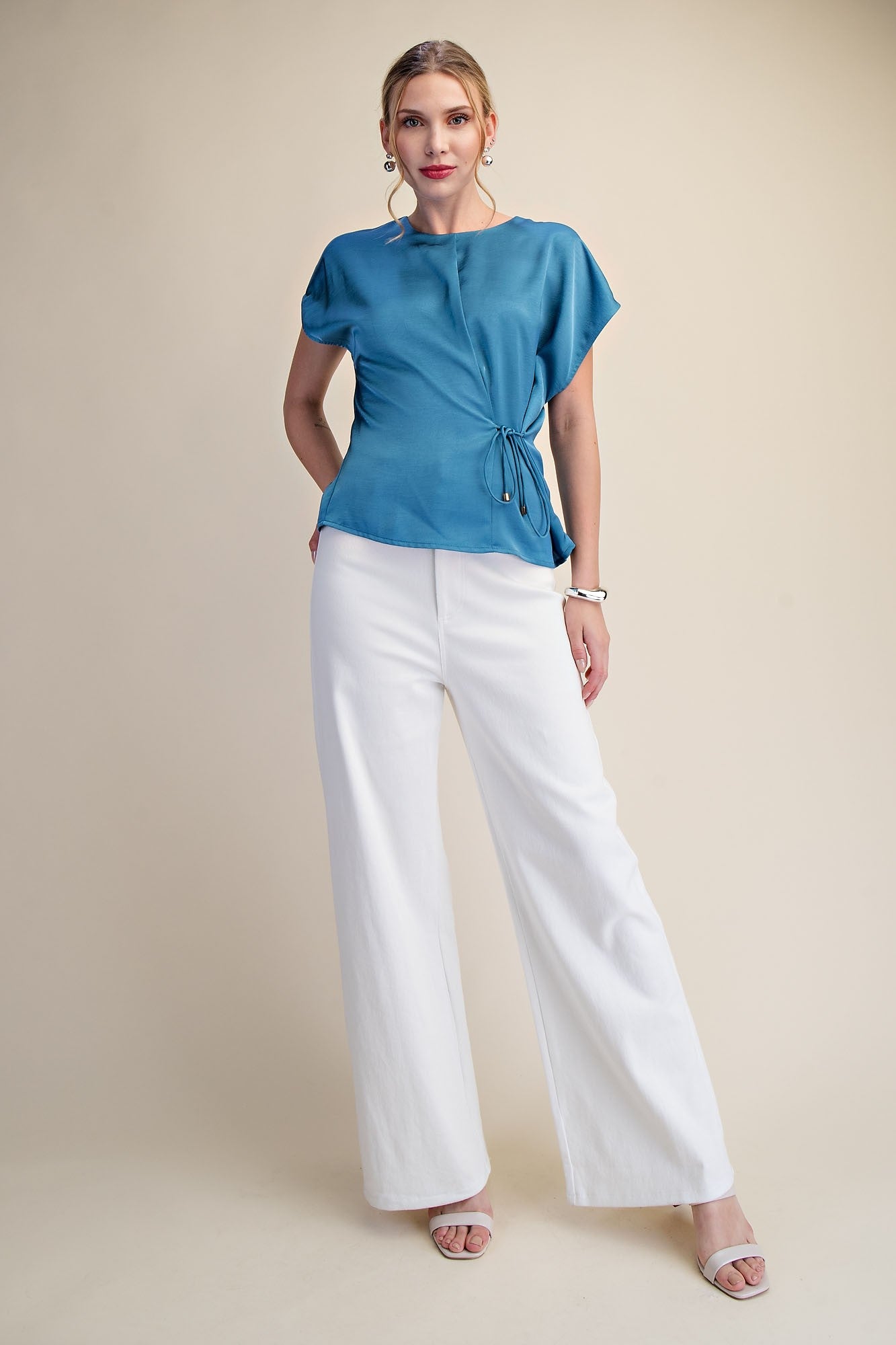Round Neck Short Sleeve Front Lace-up Tie Top