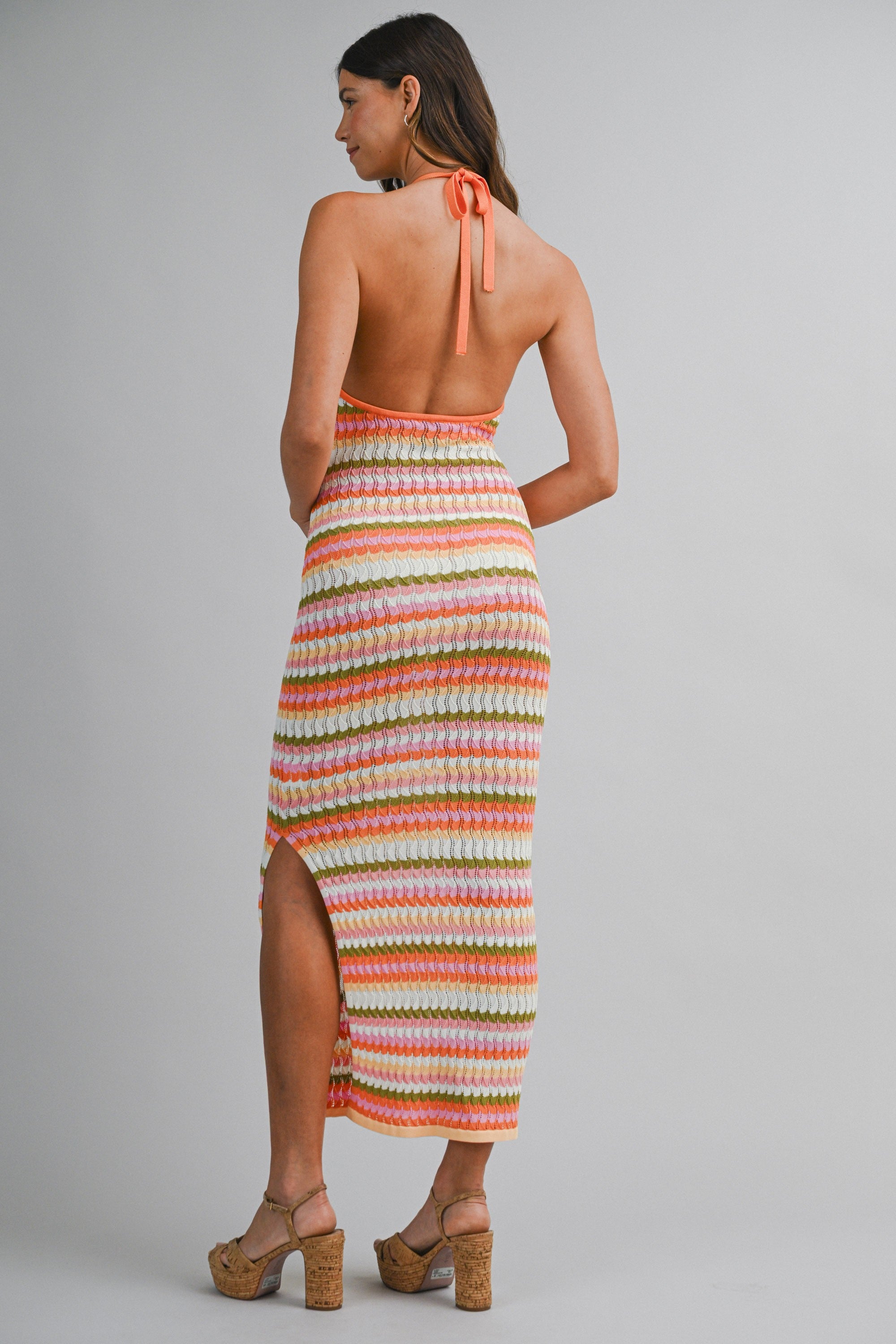 Multi Color Wavy Striped Halter Neck Knit Maxi Dress