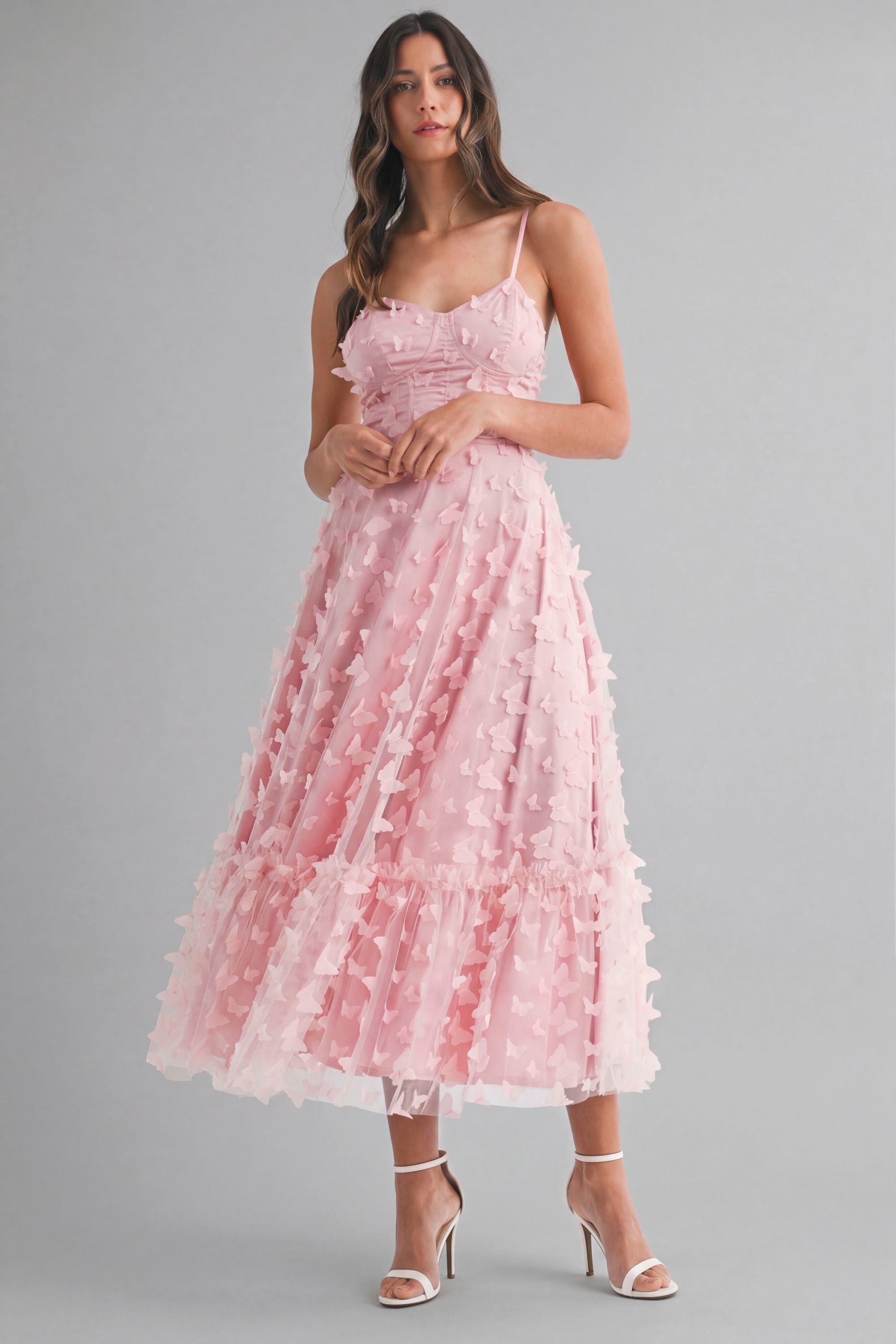 Butterfly Mesh Lace Up Back Bustier Midi Dress