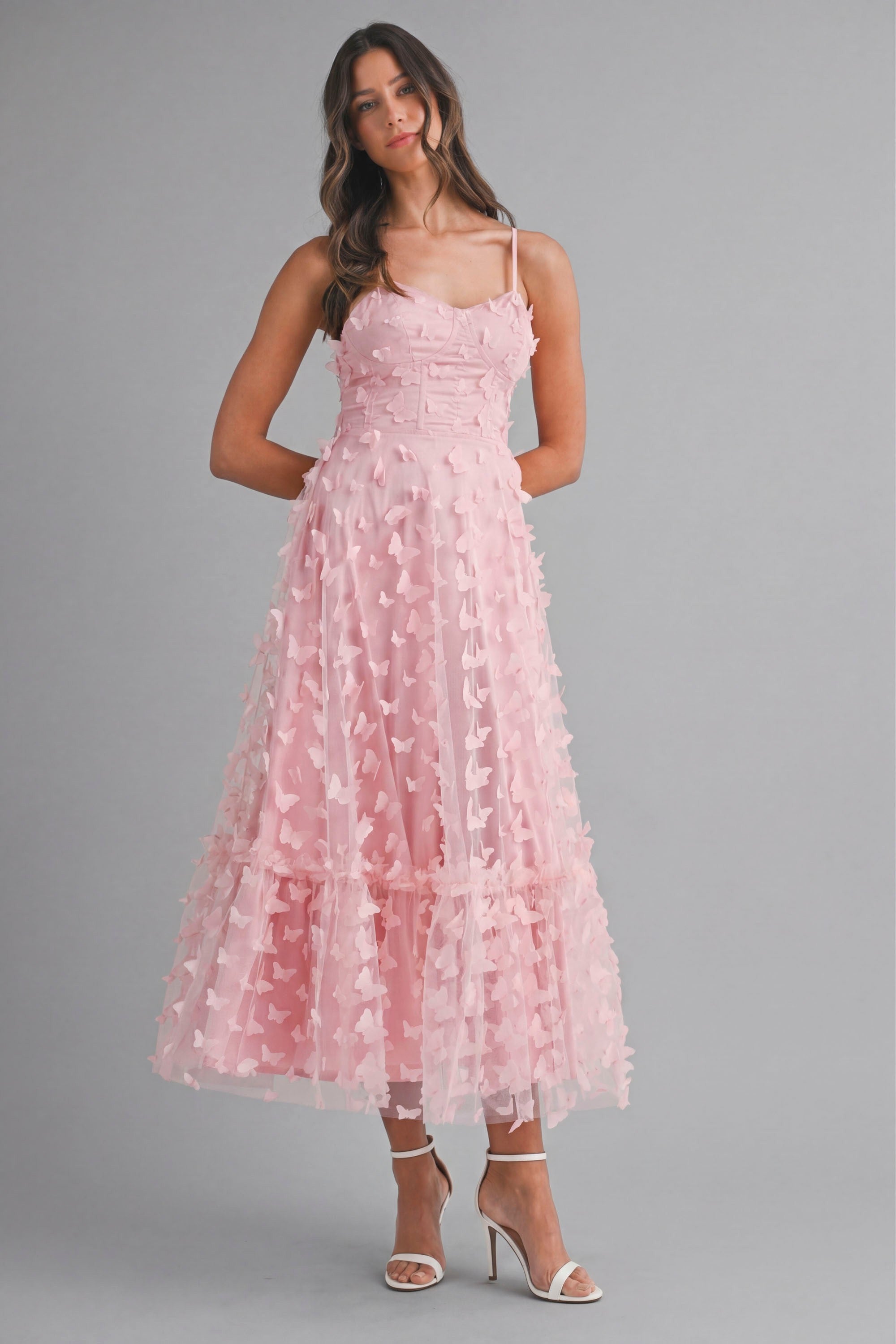 Butterfly Mesh Lace Up Back Bustier Midi Dress