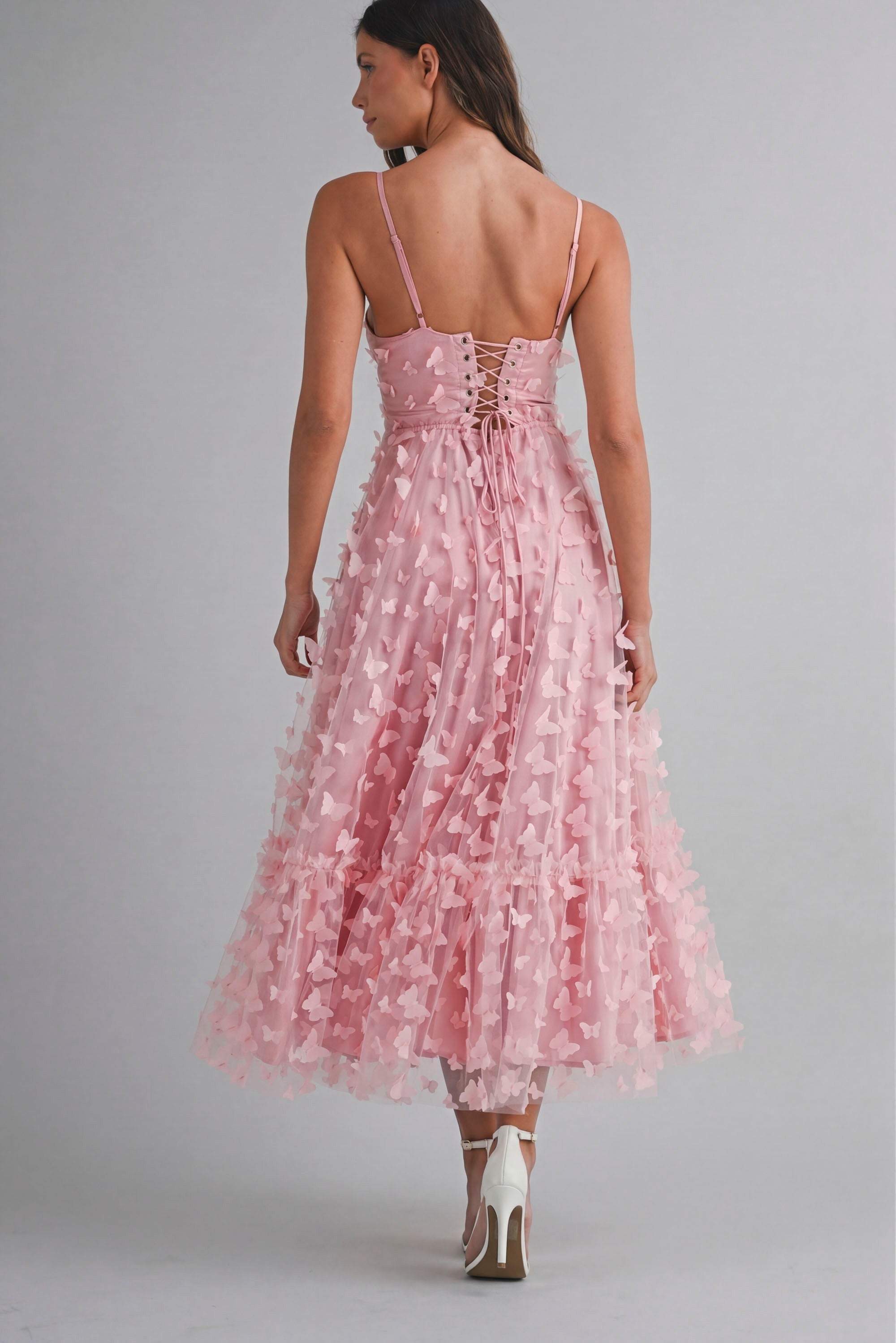 Butterfly Mesh Lace Up Back Bustier Midi Dress