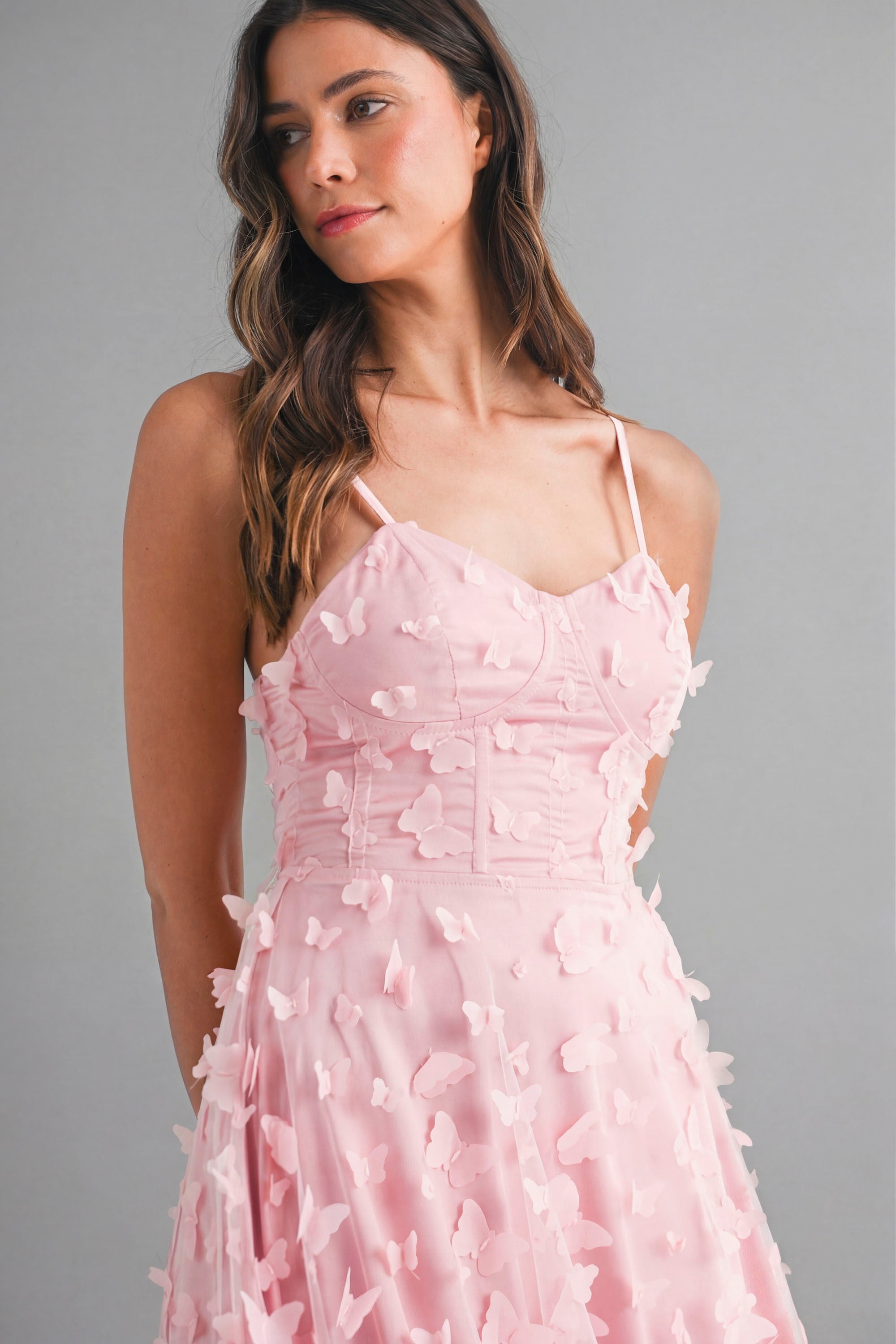 Butterfly Mesh Lace Up Back Bustier Midi Dress