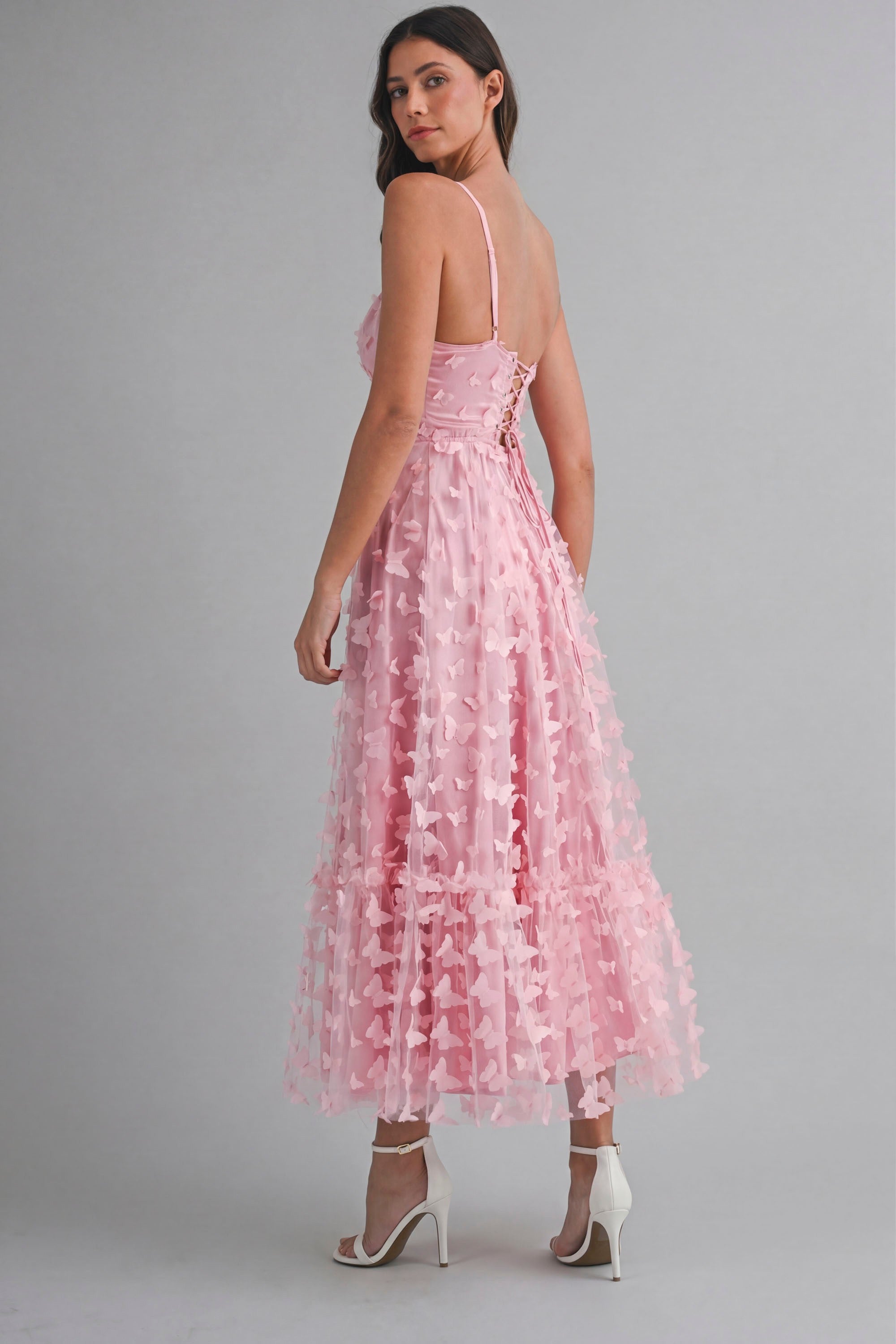 Butterfly Mesh Lace Up Back Bustier Midi Dress