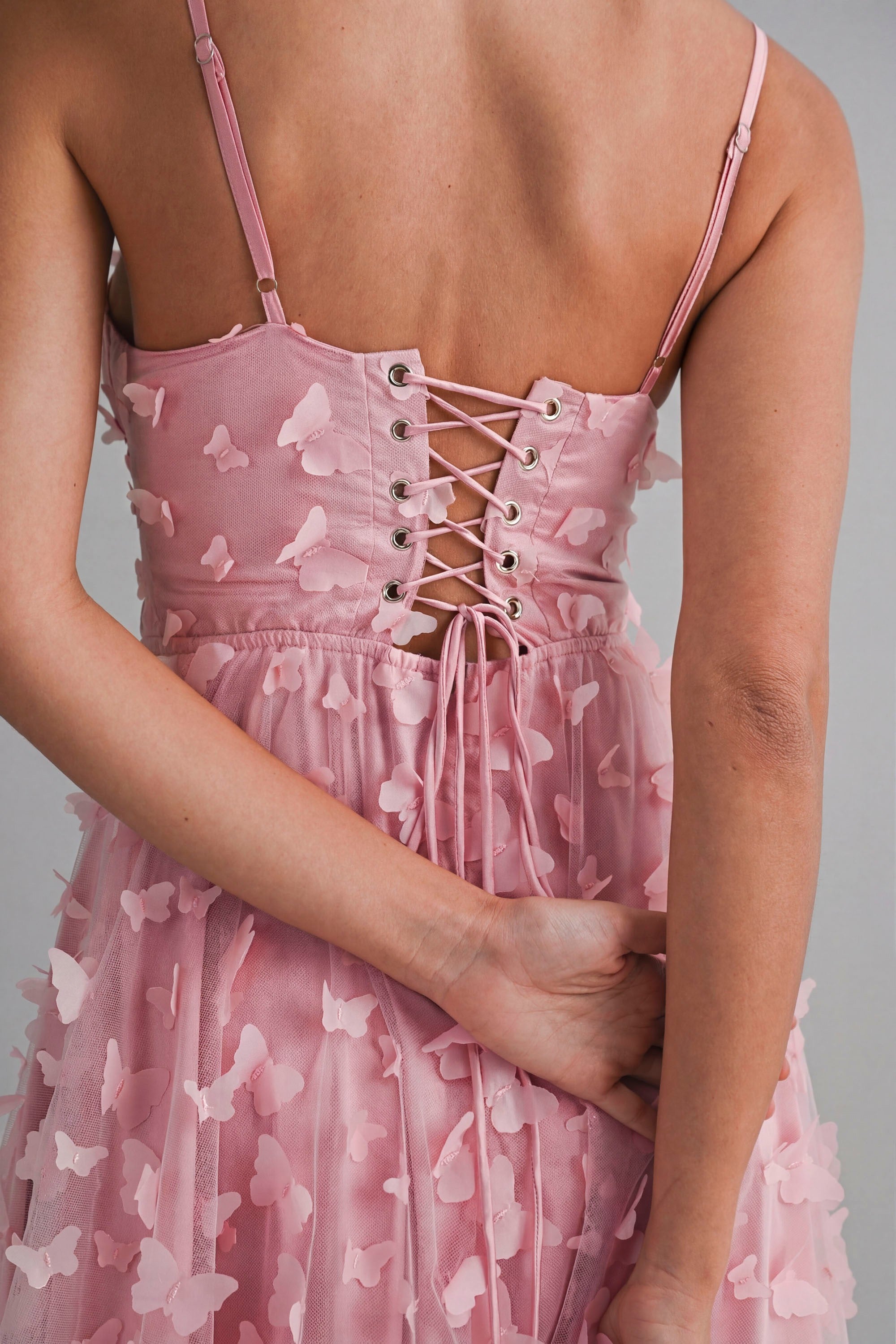 Butterfly Mesh Lace Up Back Bustier Midi Dress