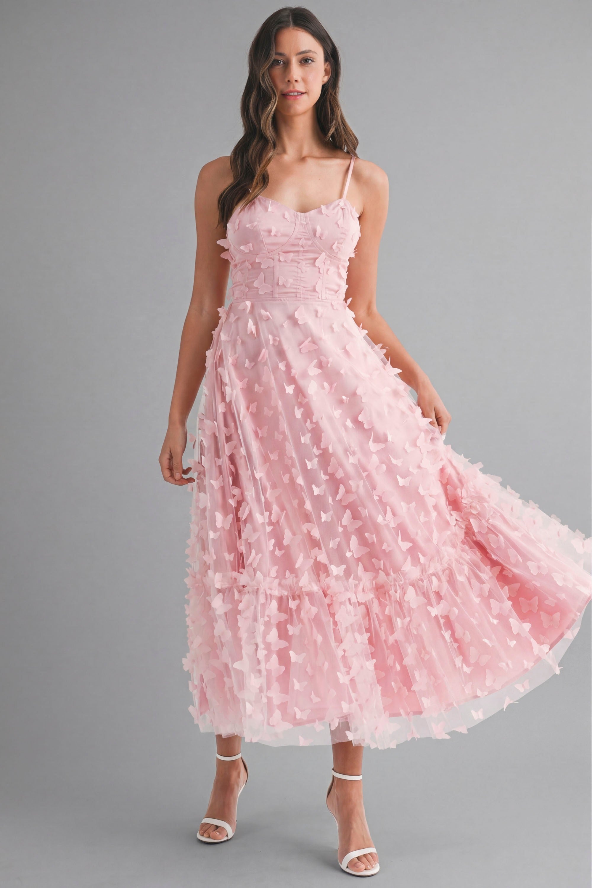 Butterfly Mesh Lace Up Back Bustier Midi Dress