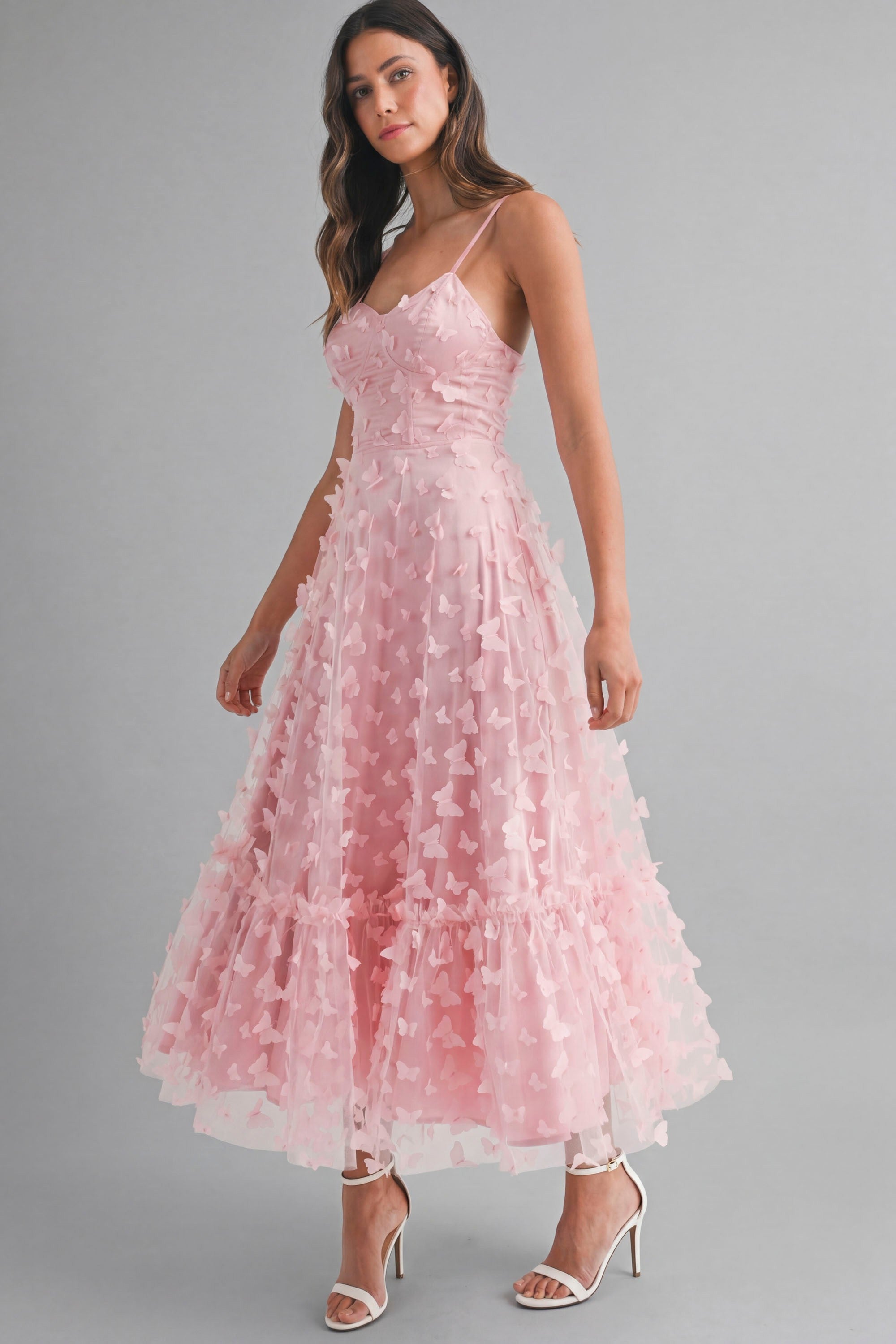 Butterfly Mesh Lace Up Back Bustier Midi Dress