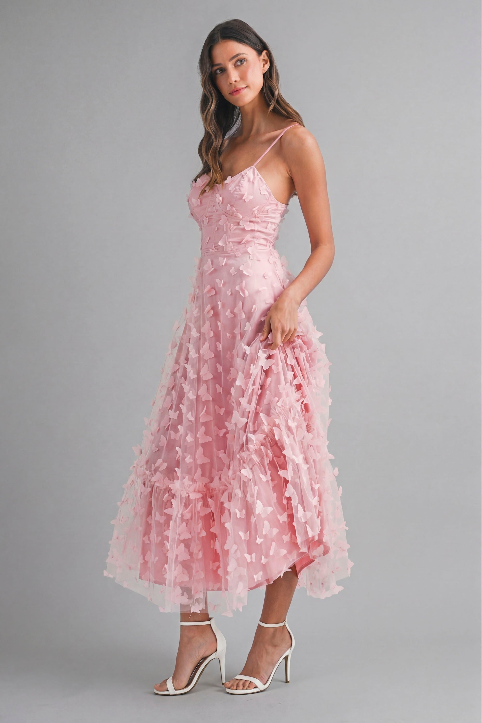 Butterfly Mesh Lace Up Back Bustier Midi Dress