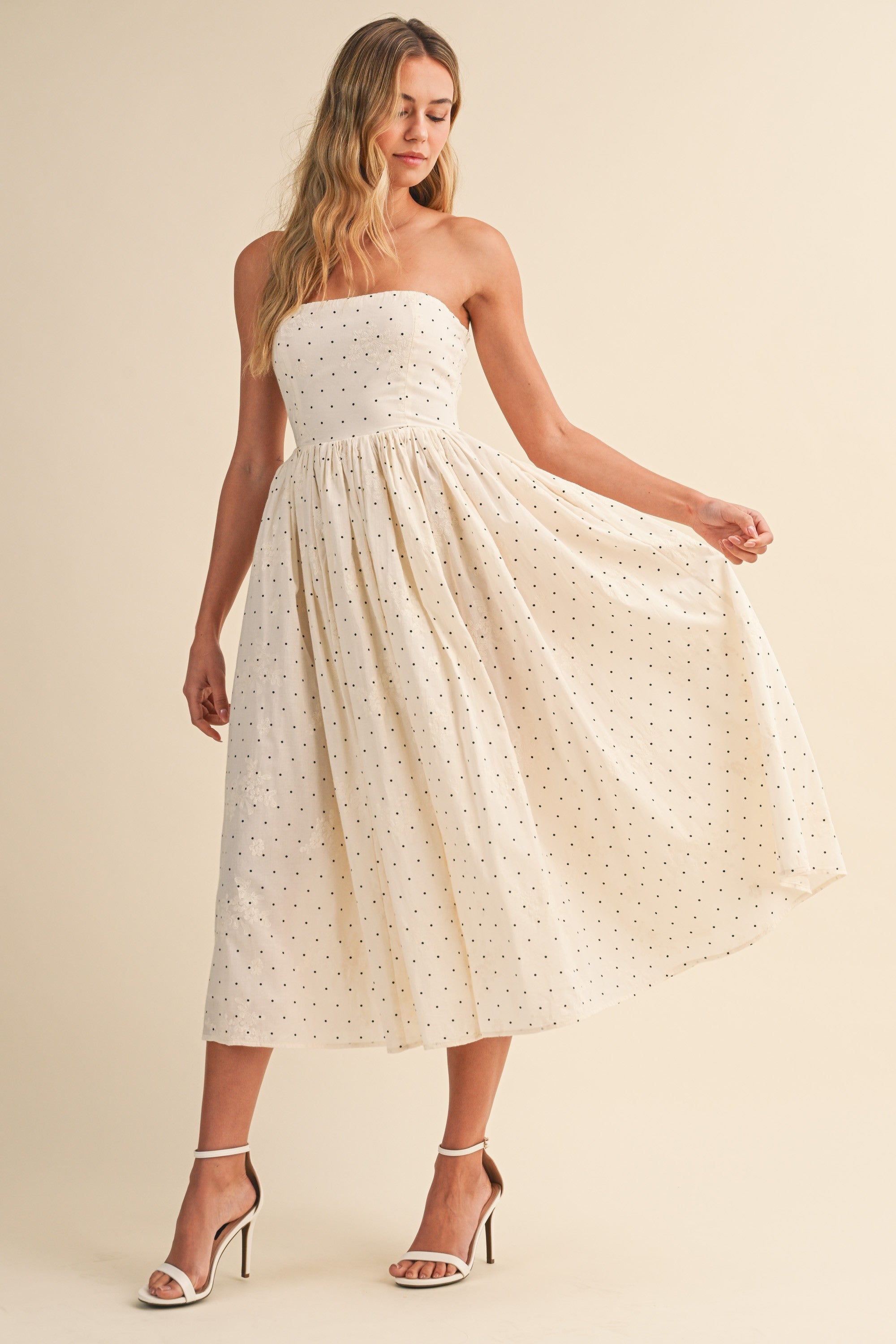 Strapless Flare Polka Dot Midi Dress