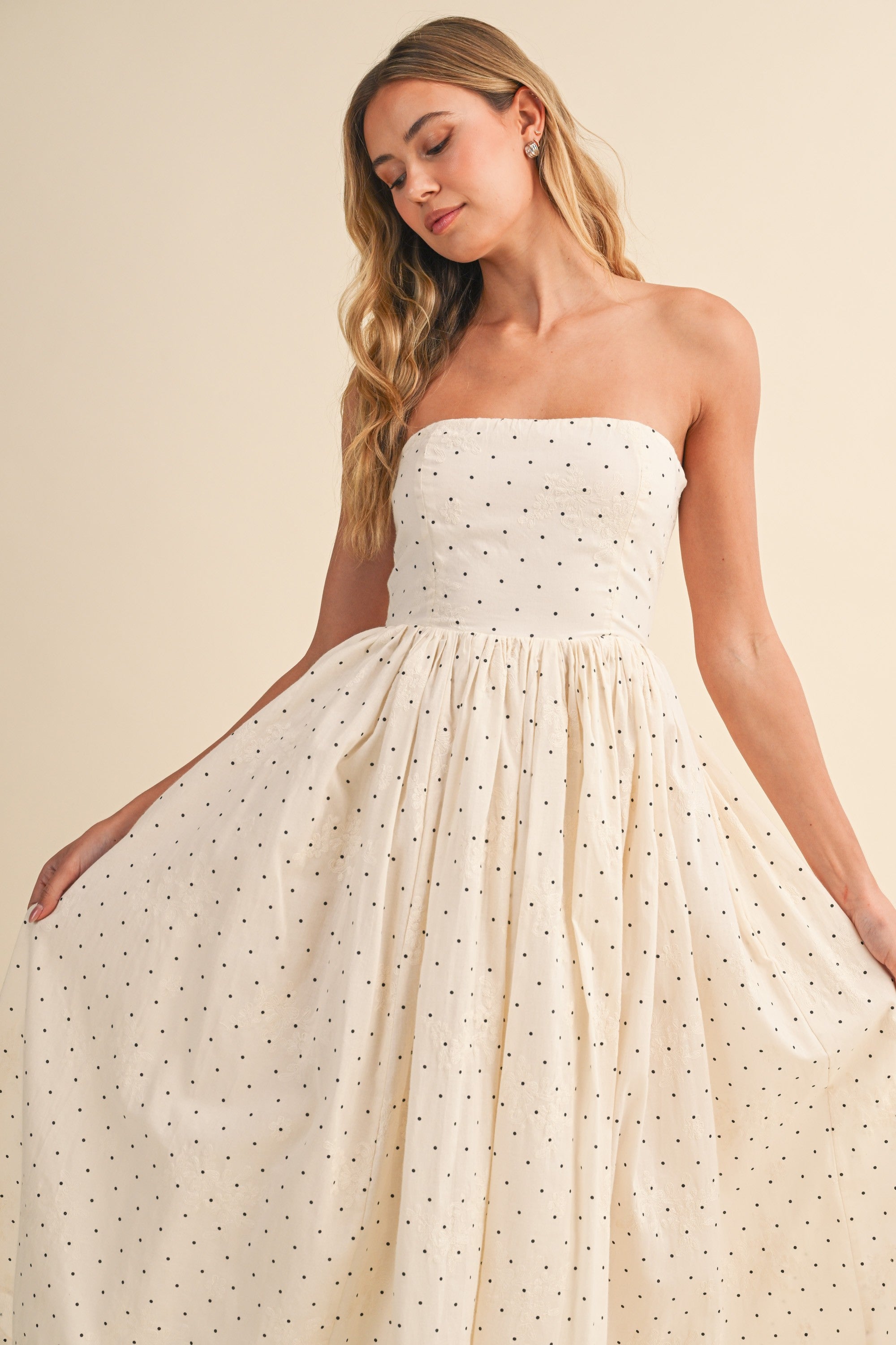 Strapless Flare Polka Dot Midi Dress