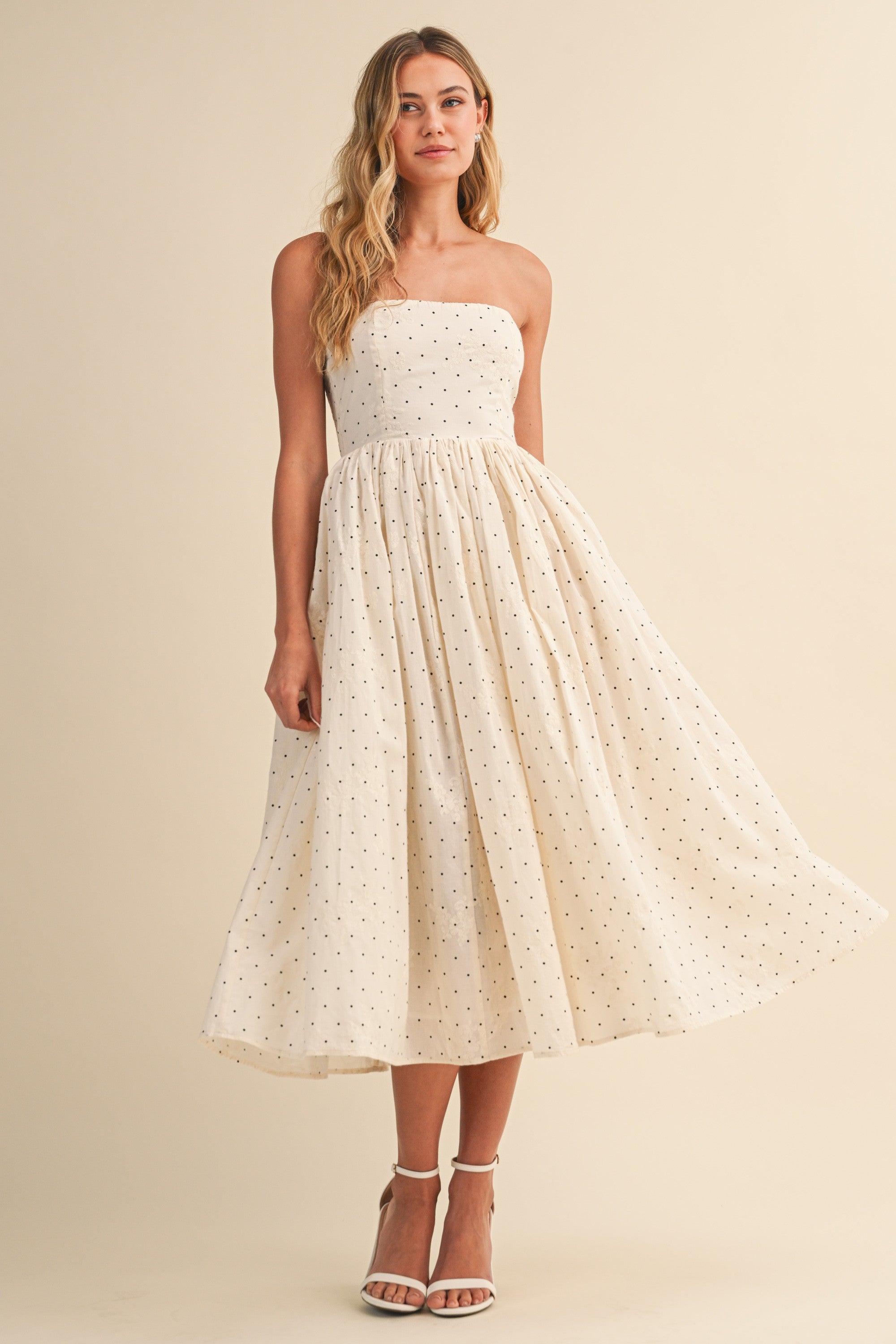 Strapless Flare Polka Dot Midi Dress