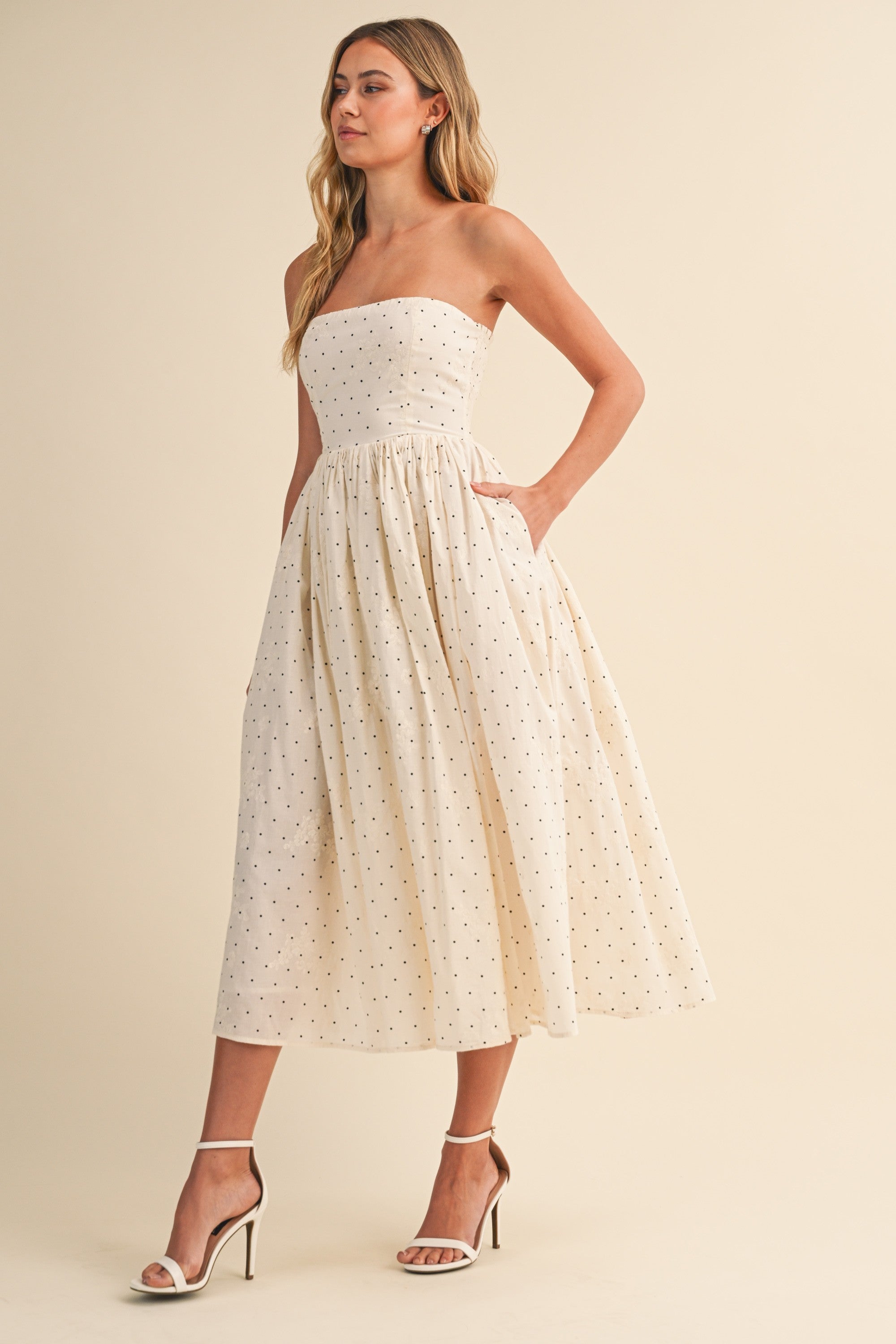 Strapless Flare Polka Dot Midi Dress