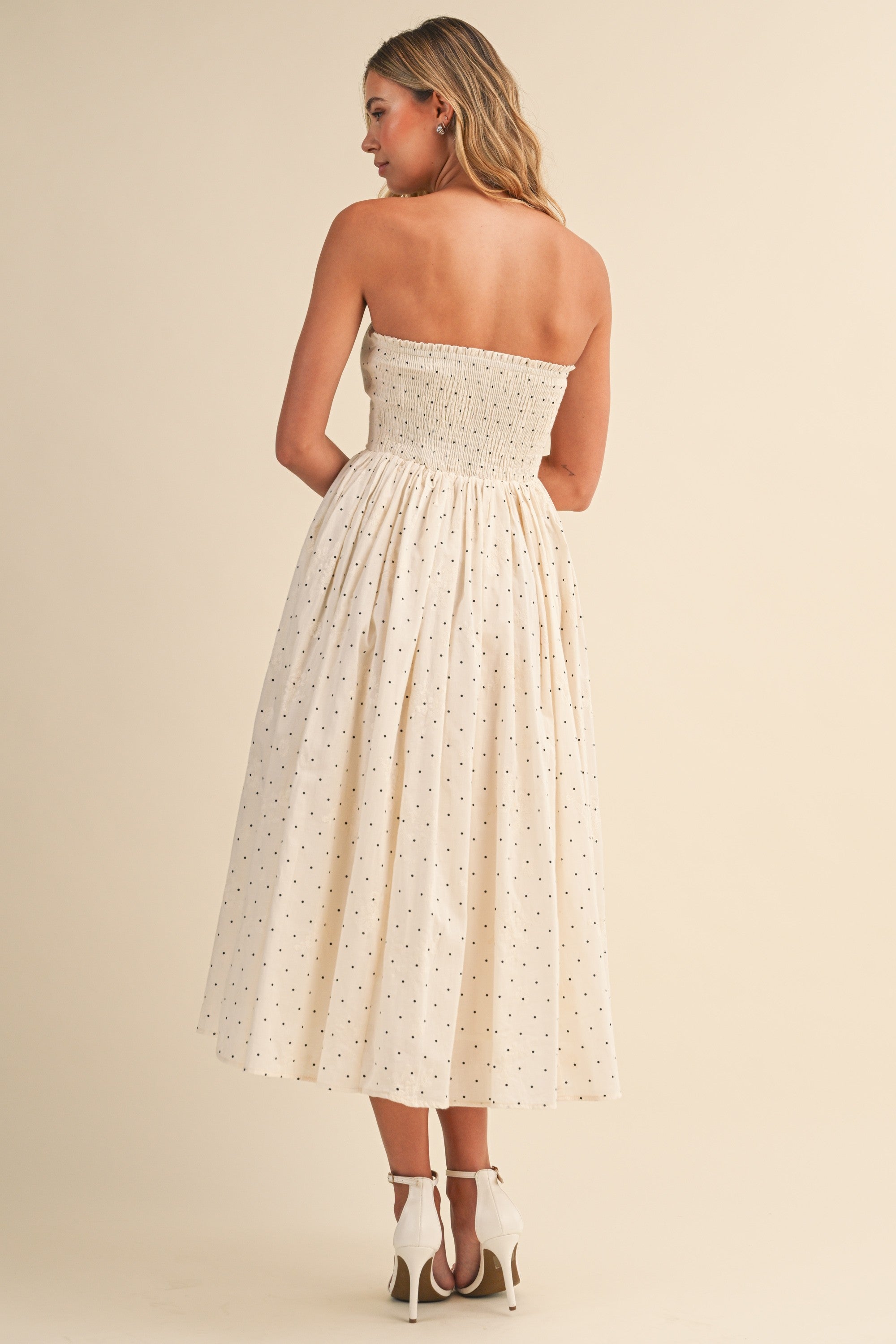 Strapless Flare Polka Dot Midi Dress