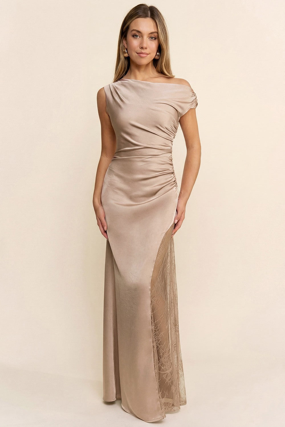 Asymmetrical Shirring Lace Detail Satin Maxi