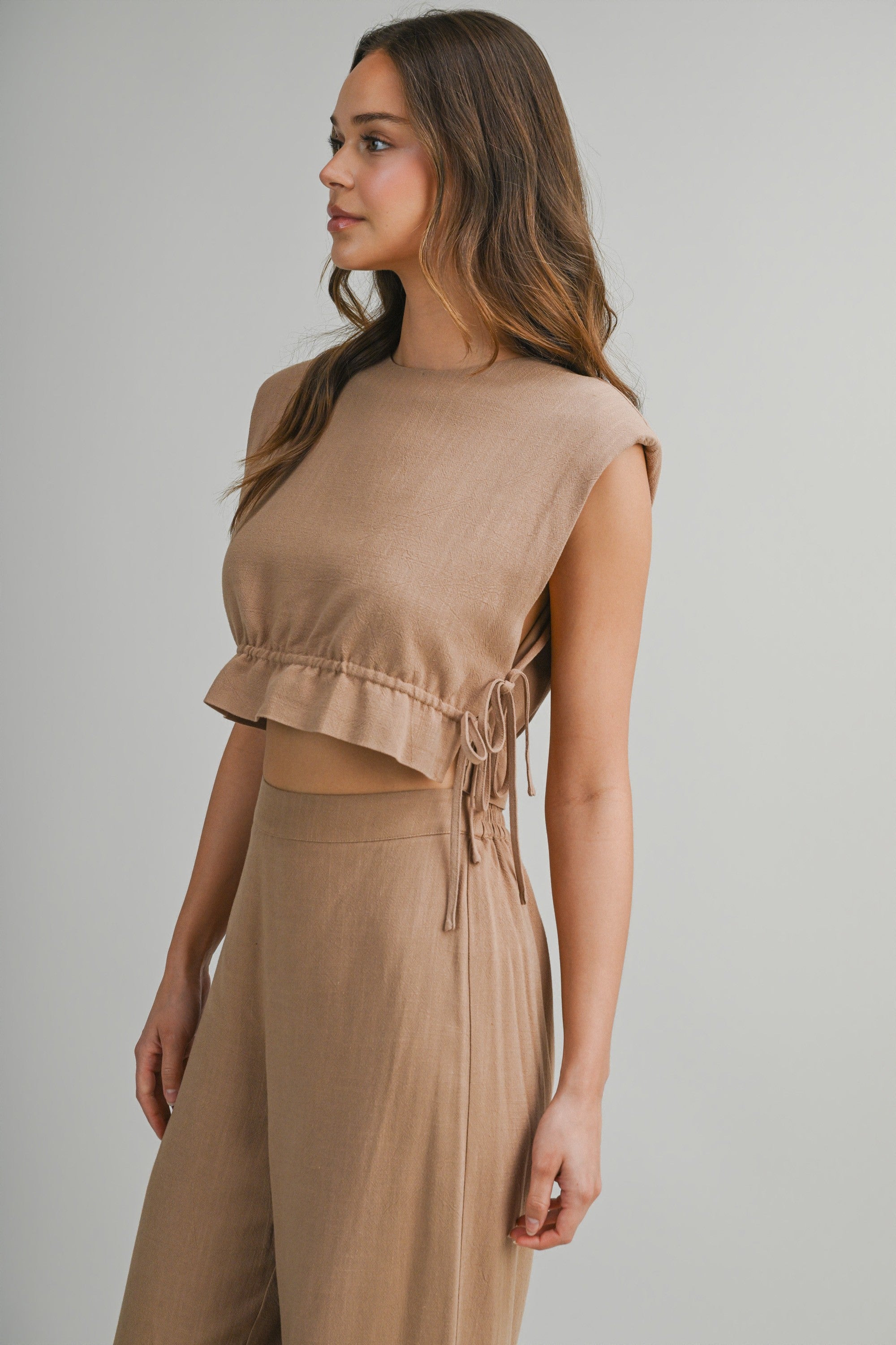 Sleeveless Crop Top With Side Tie Detail And Wide Pants Set