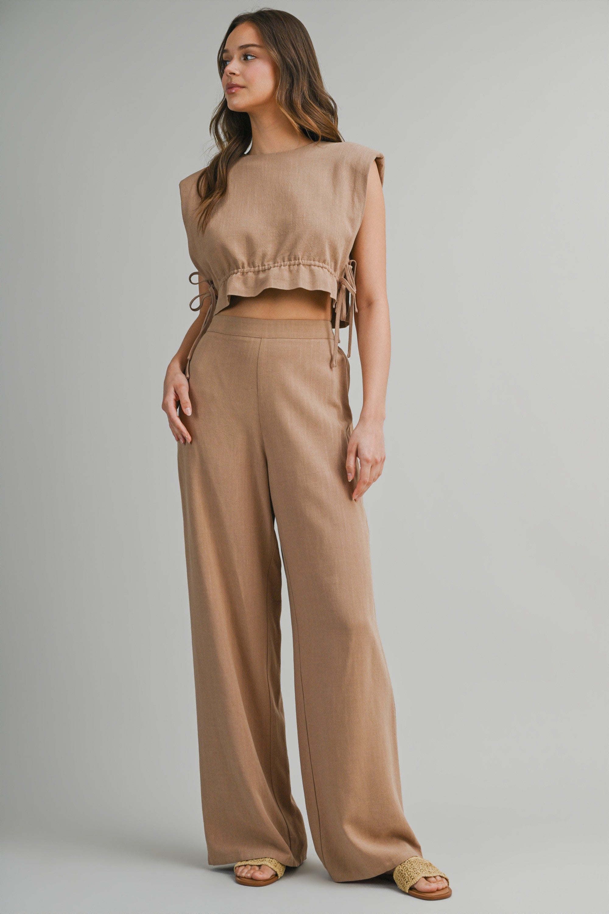 Sleeveless Crop Top With Side Tie Detail And Wide Pants Set