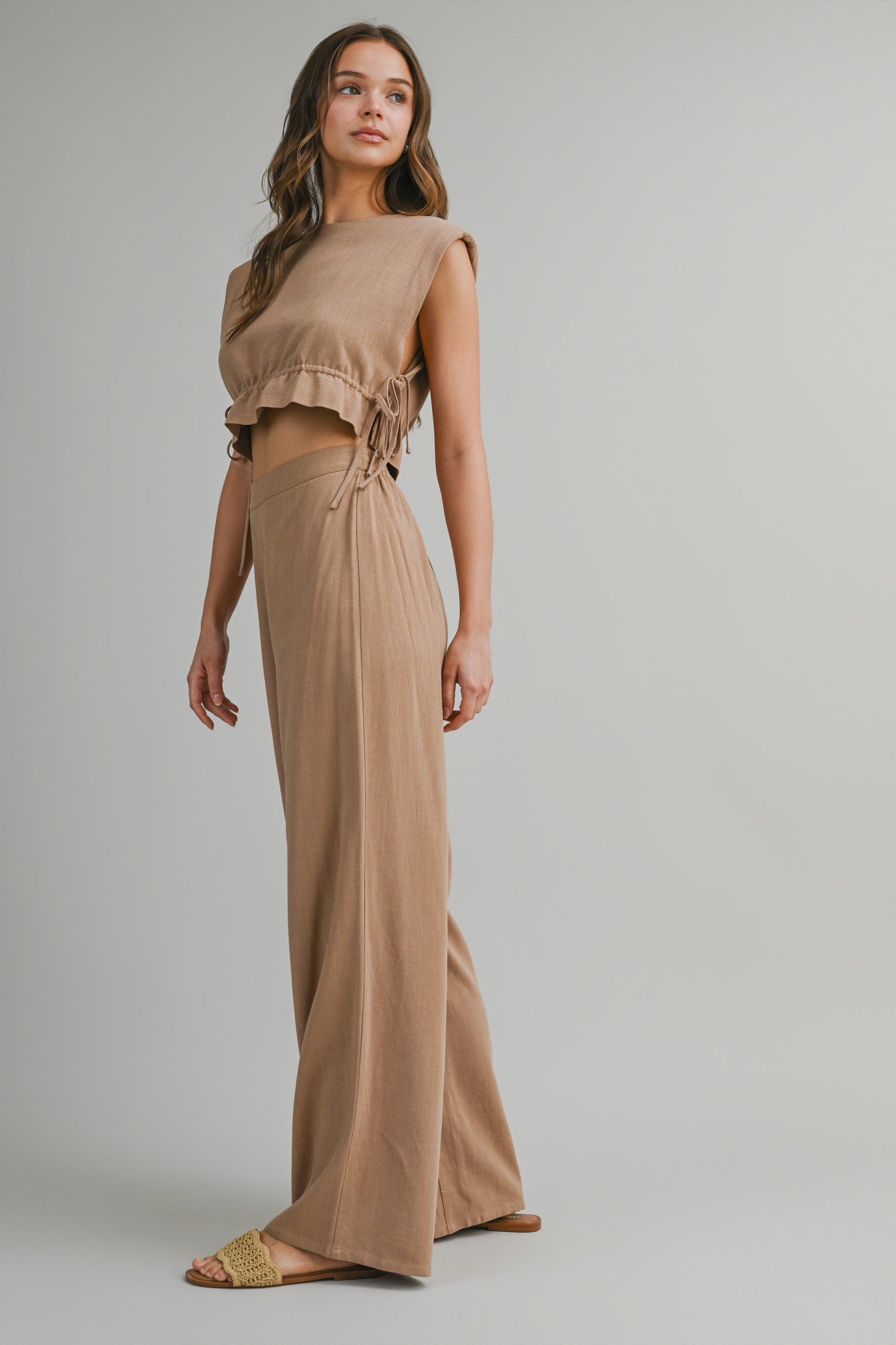 Sleeveless Crop Top With Side Tie Detail And Wide Pants Set