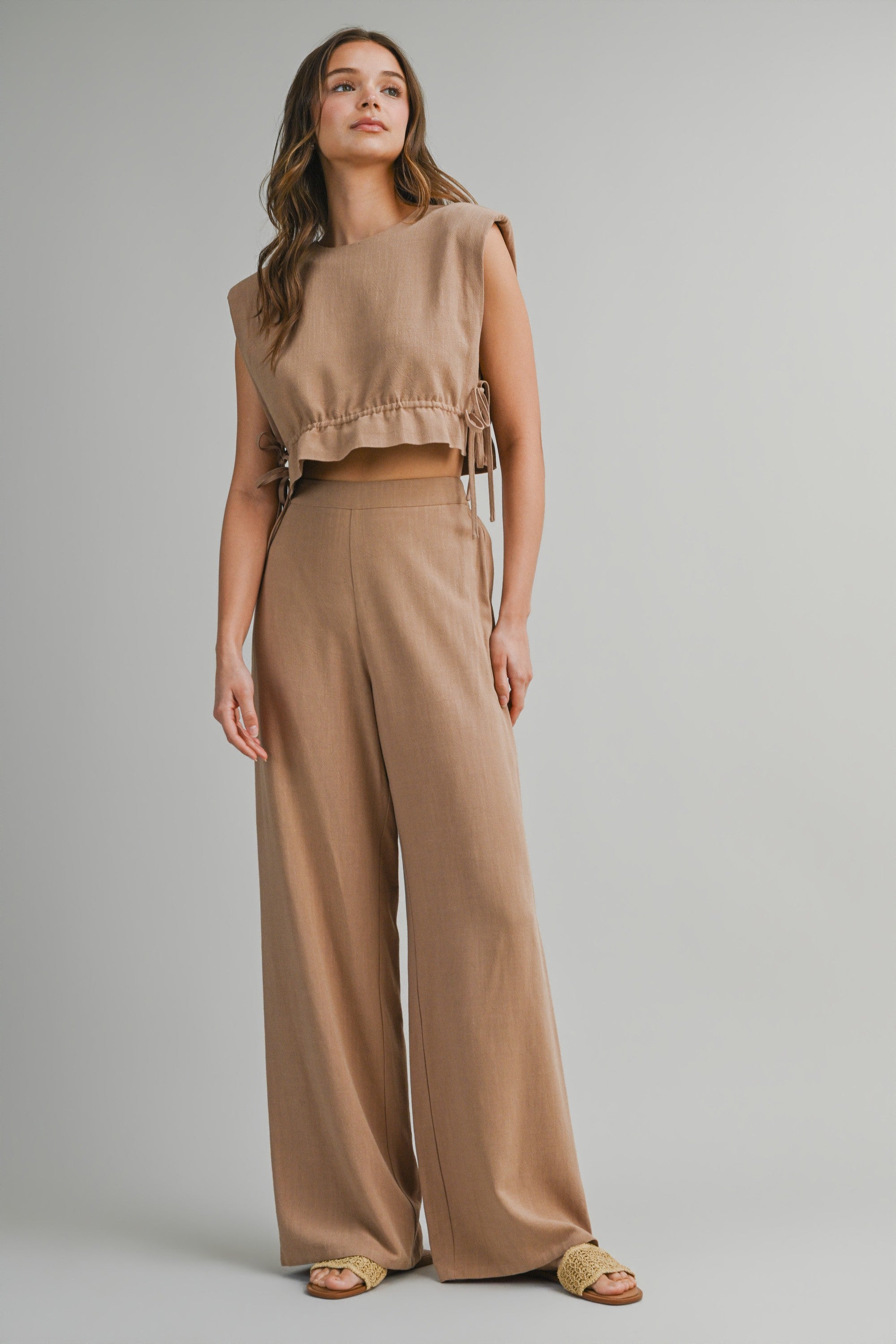Sleeveless Crop Top With Side Tie Detail And Wide Pants Set