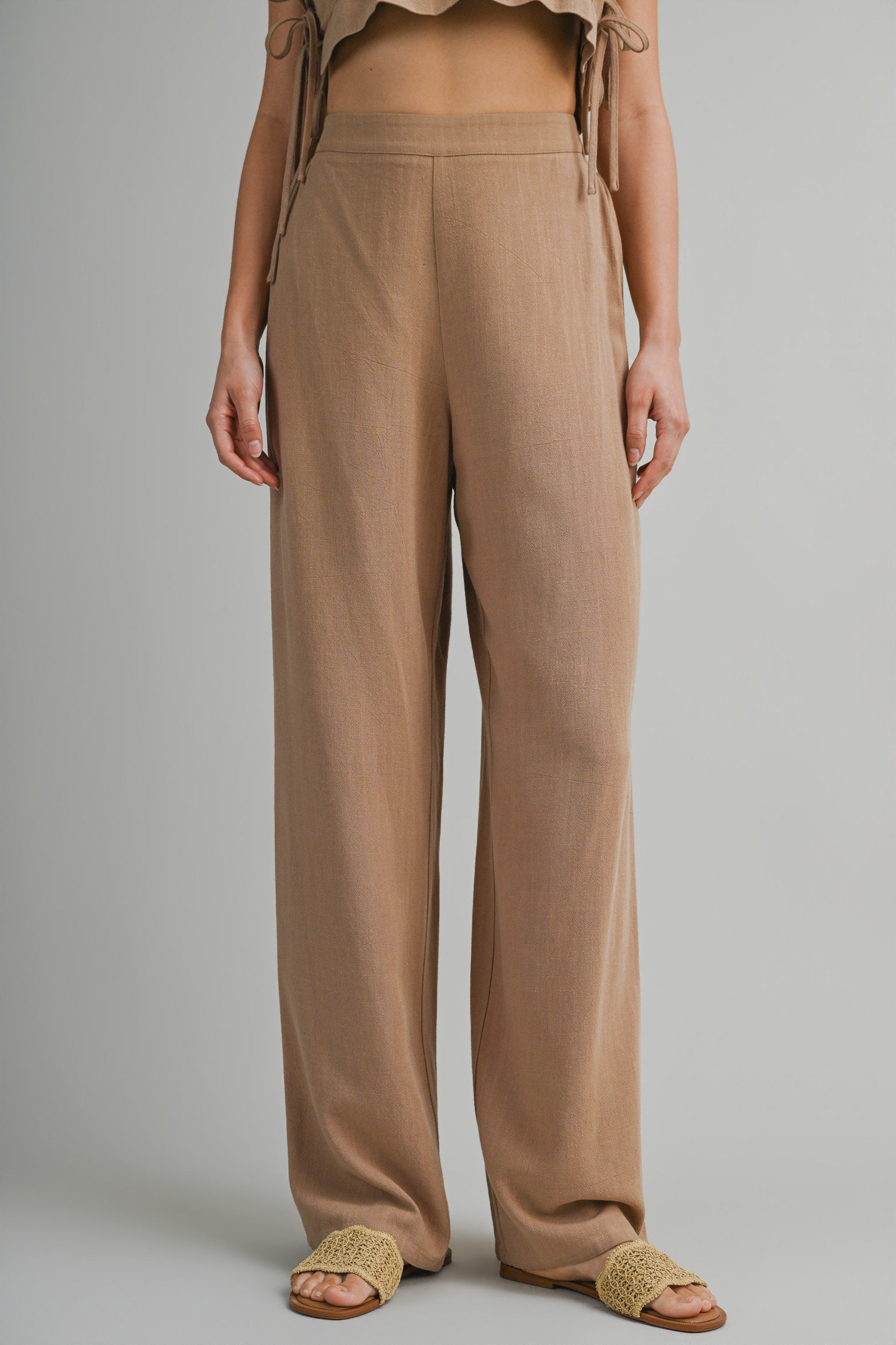 Sleeveless Crop Top With Side Tie Detail And Wide Pants Set