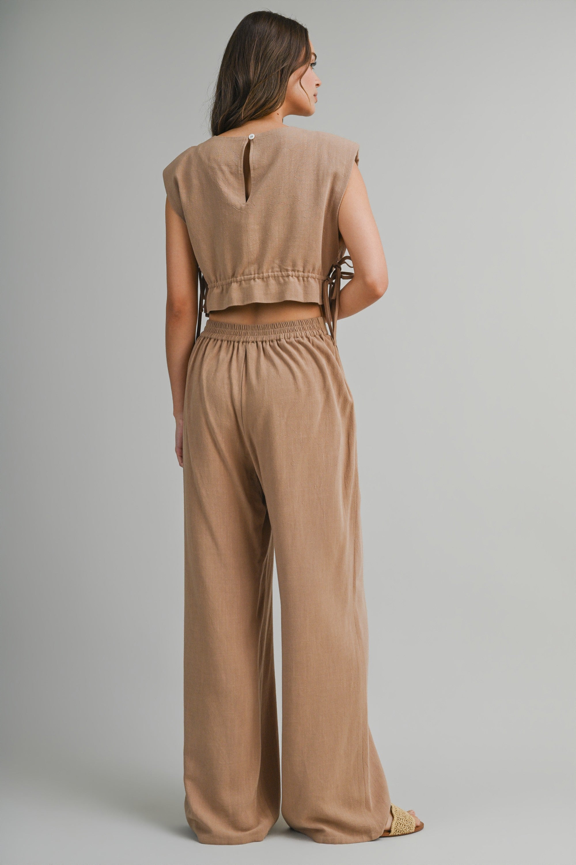 Sleeveless Crop Top With Side Tie Detail And Wide Pants Set