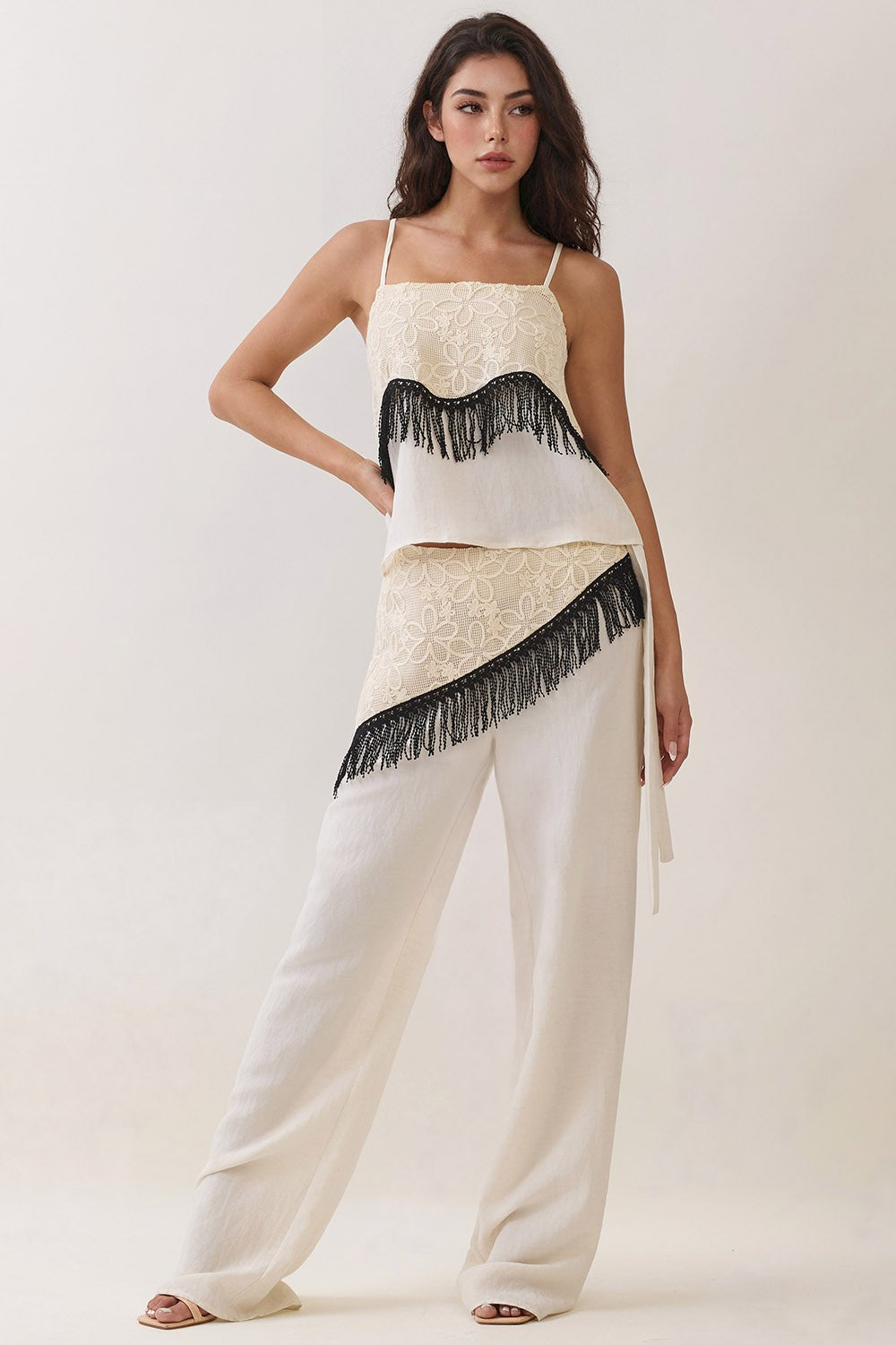 Lace Fringe Detail Top & Wide Leg Pants Set