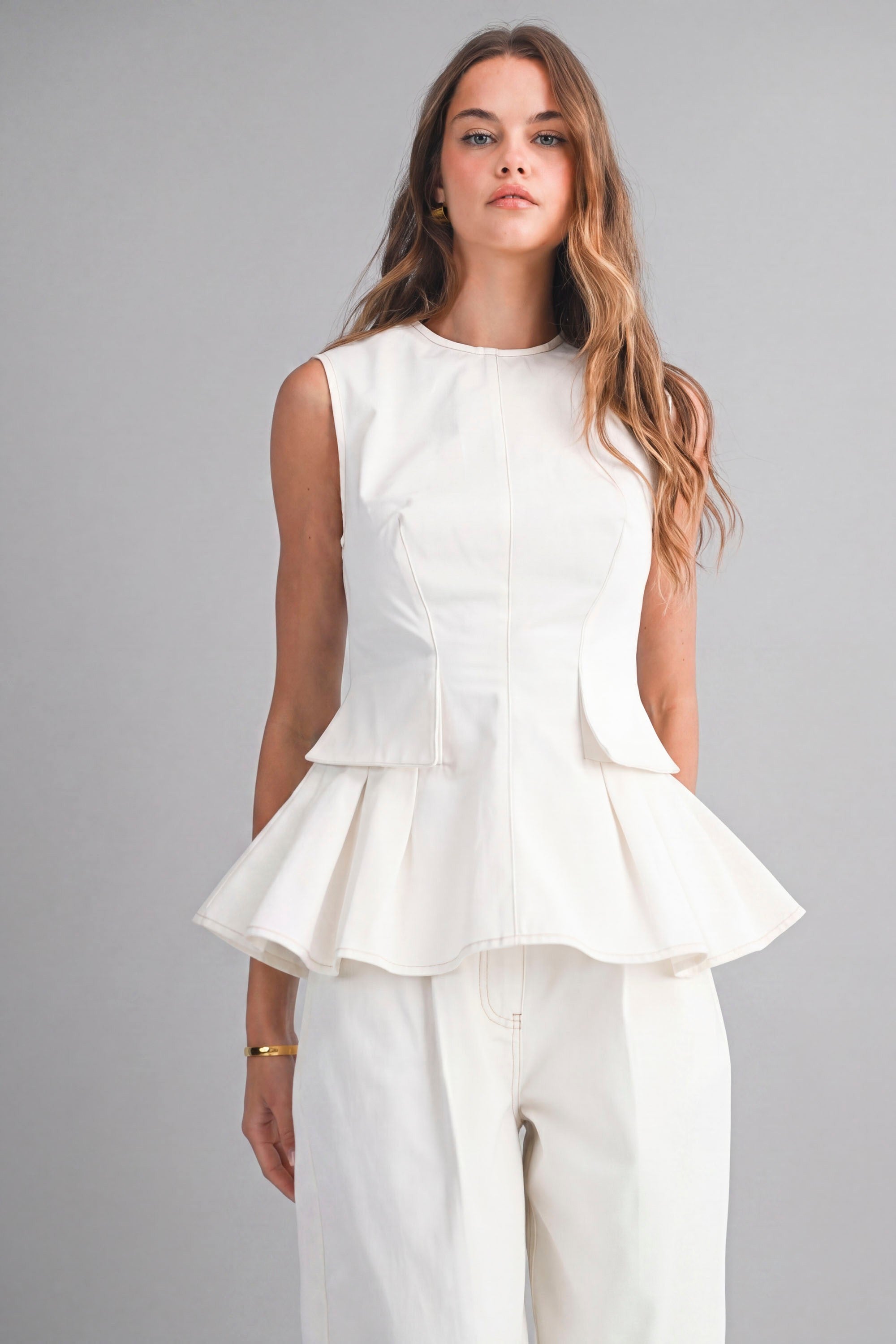 Sleeveless Peplum Top And Straight Pants Set