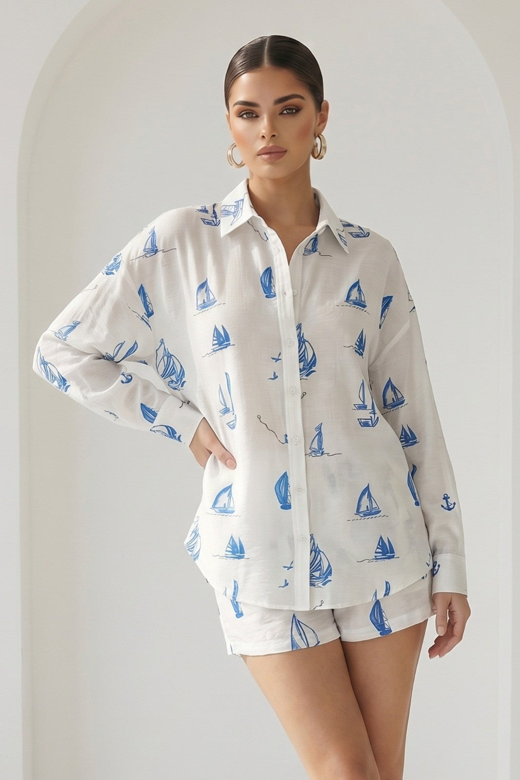 Boat Print Long Sleeve Top And Pants Set