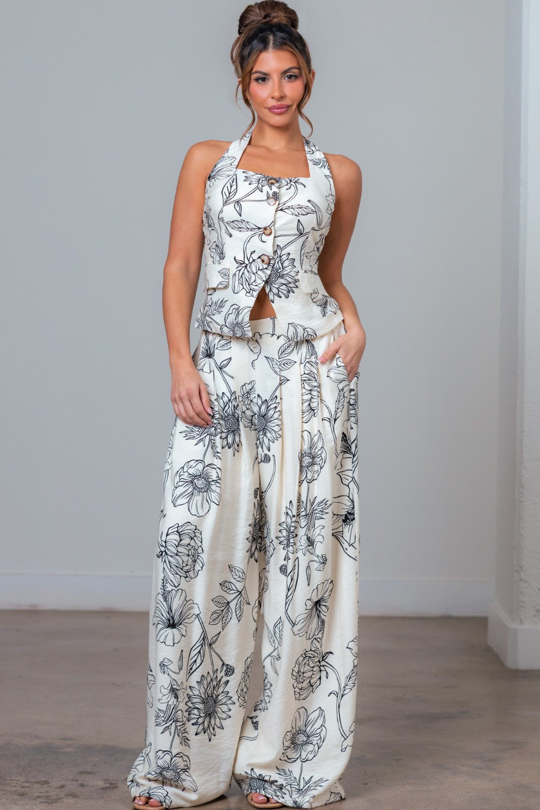 Halter Button Down Vest And Pants Set