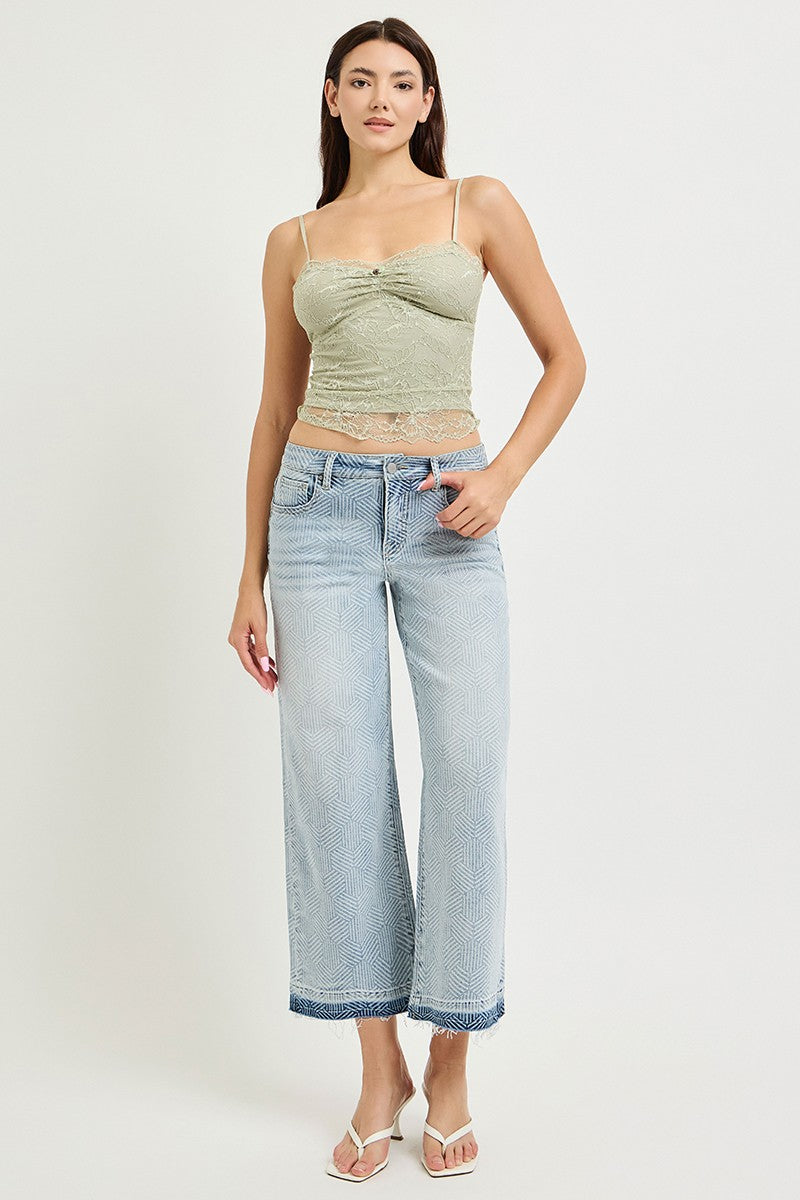 High Rise Crop Wide Geometric Cube Print Jeans