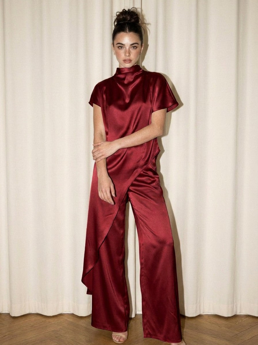 Satin Drape Neck Tunic Set