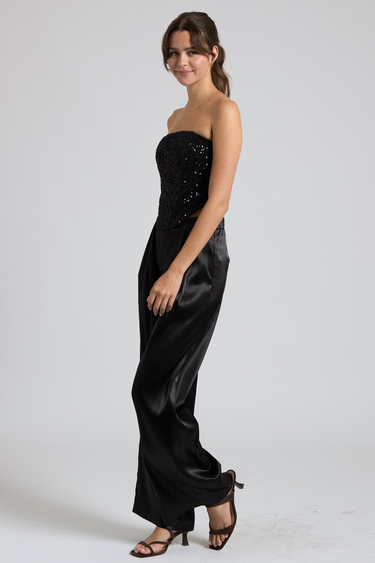 Sequin Bustier Tube Top & Satin Wide Leg Pants Set