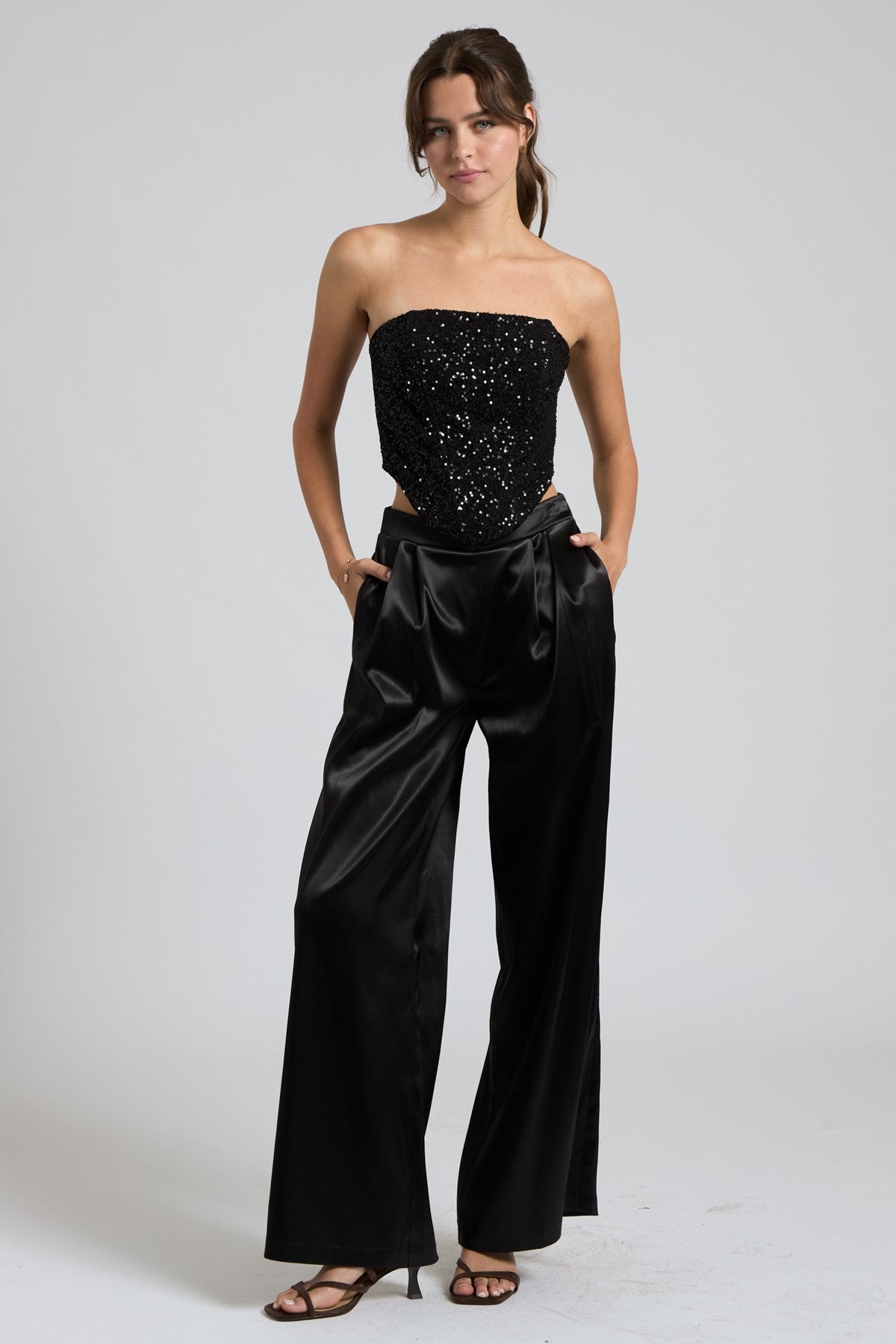 Sequin Bustier Tube Top & Satin Wide Leg Pants Set