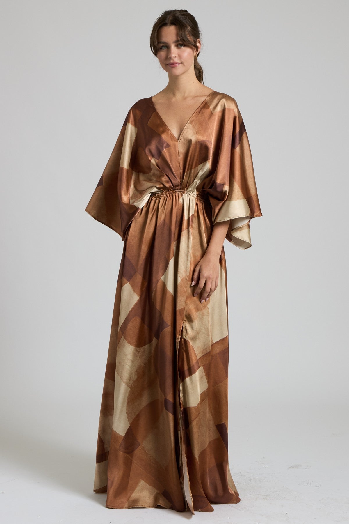 Satin Kimono Sleeve Abstract Maxi Dress