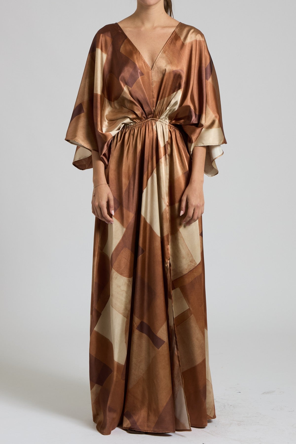 Satin Kimono Sleeve Abstract Maxi Dress