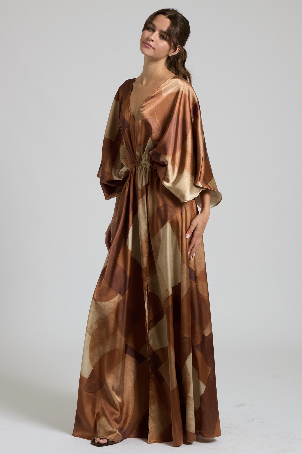 Satin Kimono Sleeve Abstract Maxi Dress