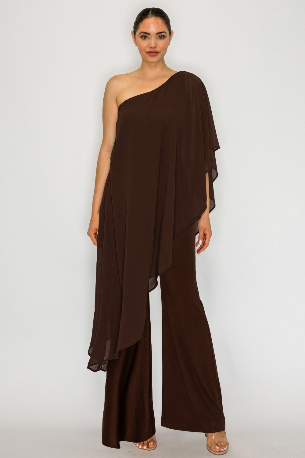 One-shoulder Chiffon Cape Overlay Wide-leg Jumpsuit