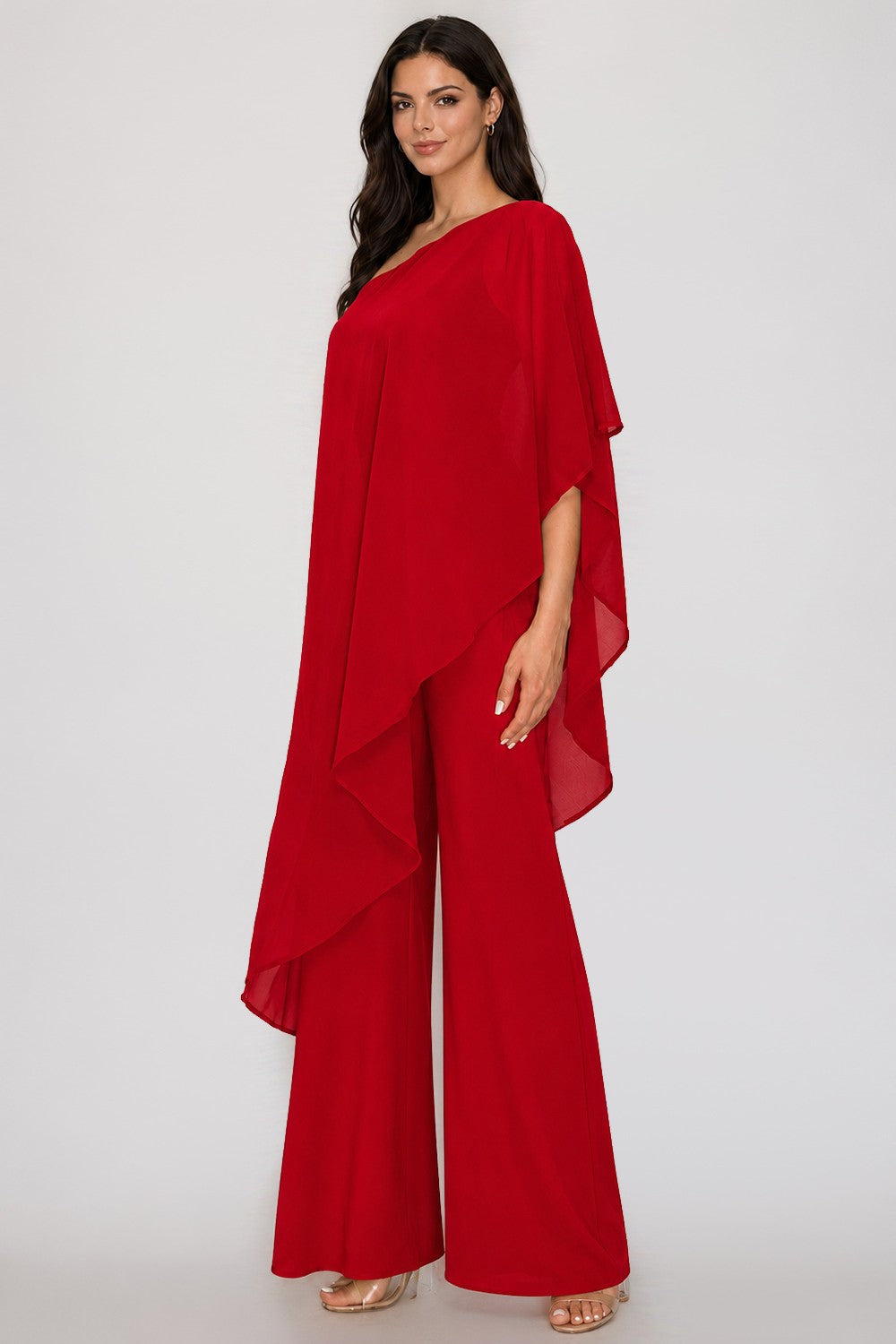 One-shoulder Chiffon Cape Overlay Wide-leg Jumpsuit