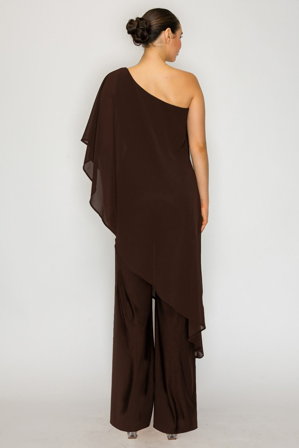 One-shoulder Chiffon Cape Overlay Wide-leg Jumpsuit