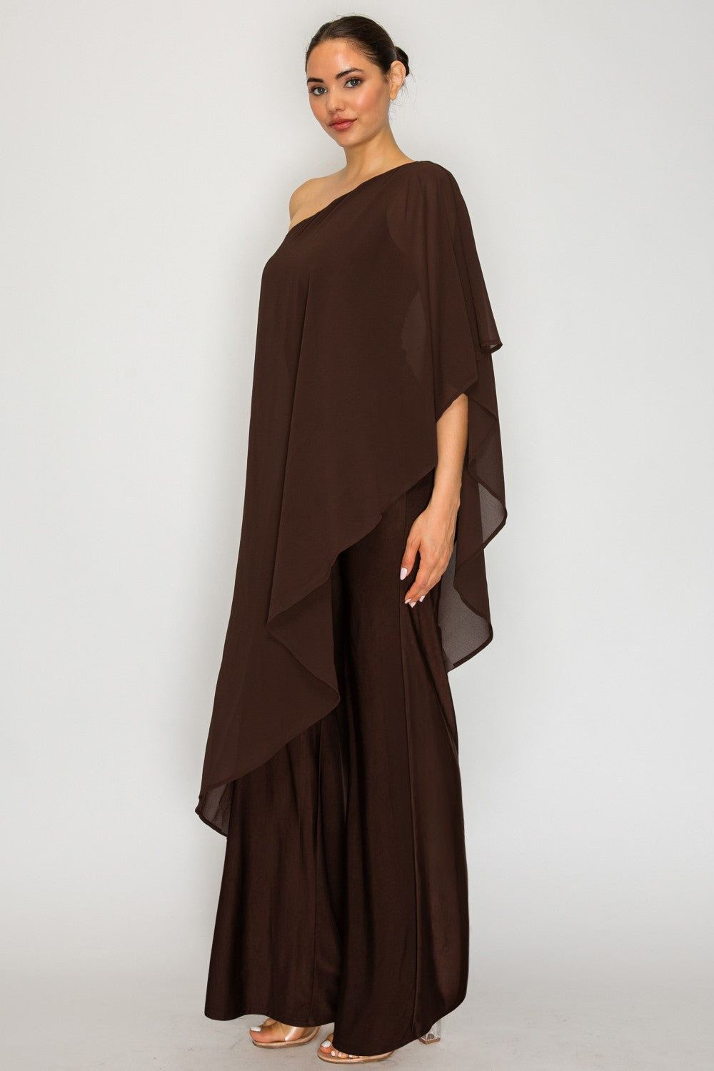 One-shoulder Chiffon Cape Overlay Wide-leg Jumpsuit